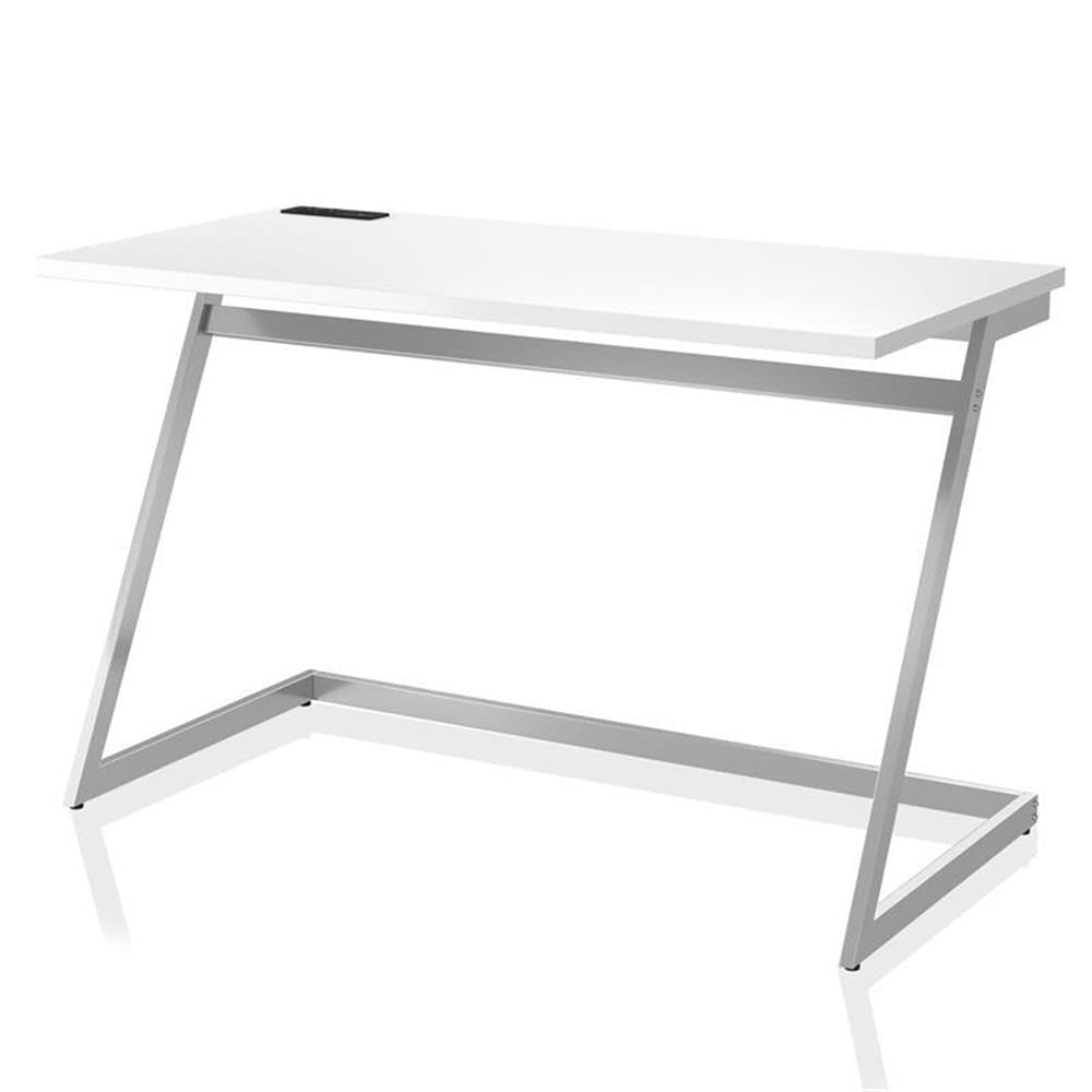 Furniture of America Cornica Modern Metal Writing Desk with USB Ports - White & Chrome Finish for Home Office, Study, or Dorm Room Workspace