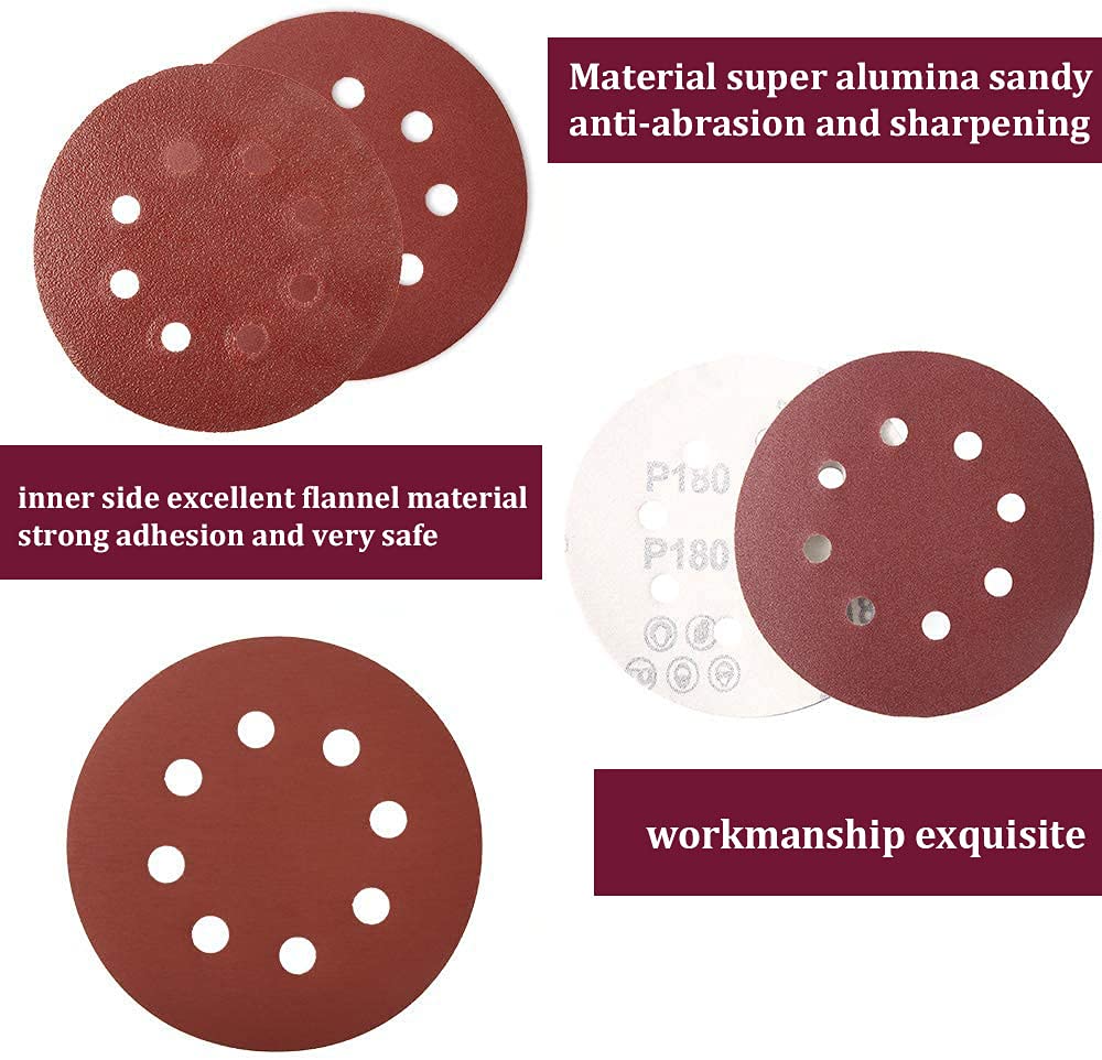 100Pcs 5-Inch 8-Hole Sanding Discs Set - 10 Grits (40-1200) for Random Orbital Sander - Ideal for Woodworking, Metal Polishing & DIY Home Projects