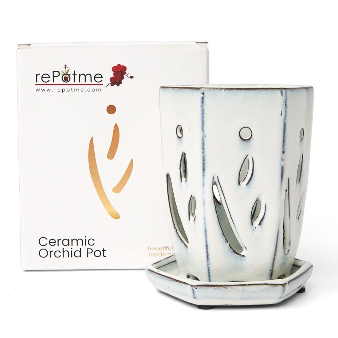 rePotme 4 x 6 Inch White Diamond Ceramic Orchid Pot with Drainage Holes - Hexagon Planter for Phalaenopsis, Dendrobium & Cattleya Orchids - Perfect for Indoor Home Decor & Greenhouse Growing