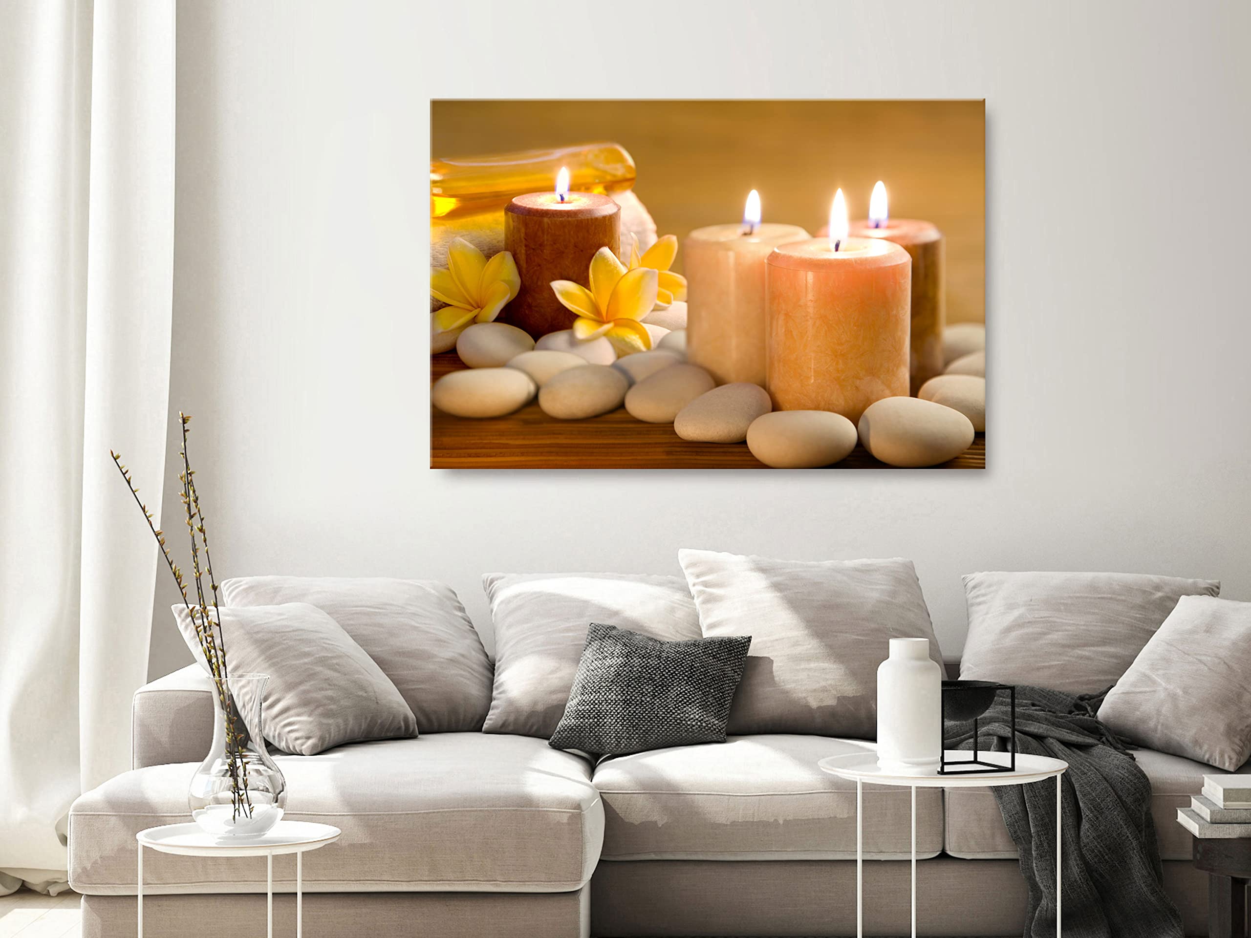Artgeist Canvas Wall Art Print - 35x24 Inch Framed Stretched Spa Decor with Stone Flowers & Zen Candles for Home, Office, or Wellness Retreats