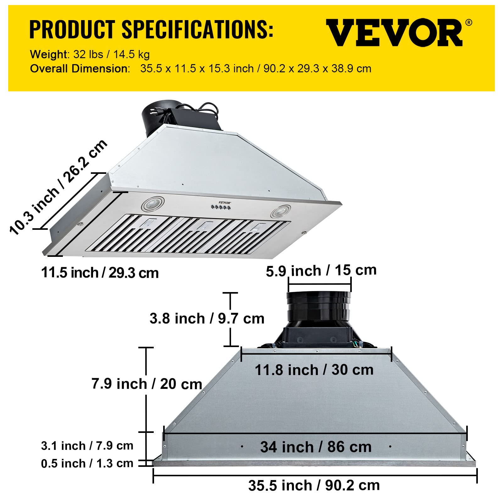 VEVOR 36 Inch 800CFM 3-Speed Stainless Steel Insert Range Hood with LED Lights & Baffle Filters - Ducted/Ductless Convertible Kitchen Ventilation for Home & Restaurant Use - ETL Certified