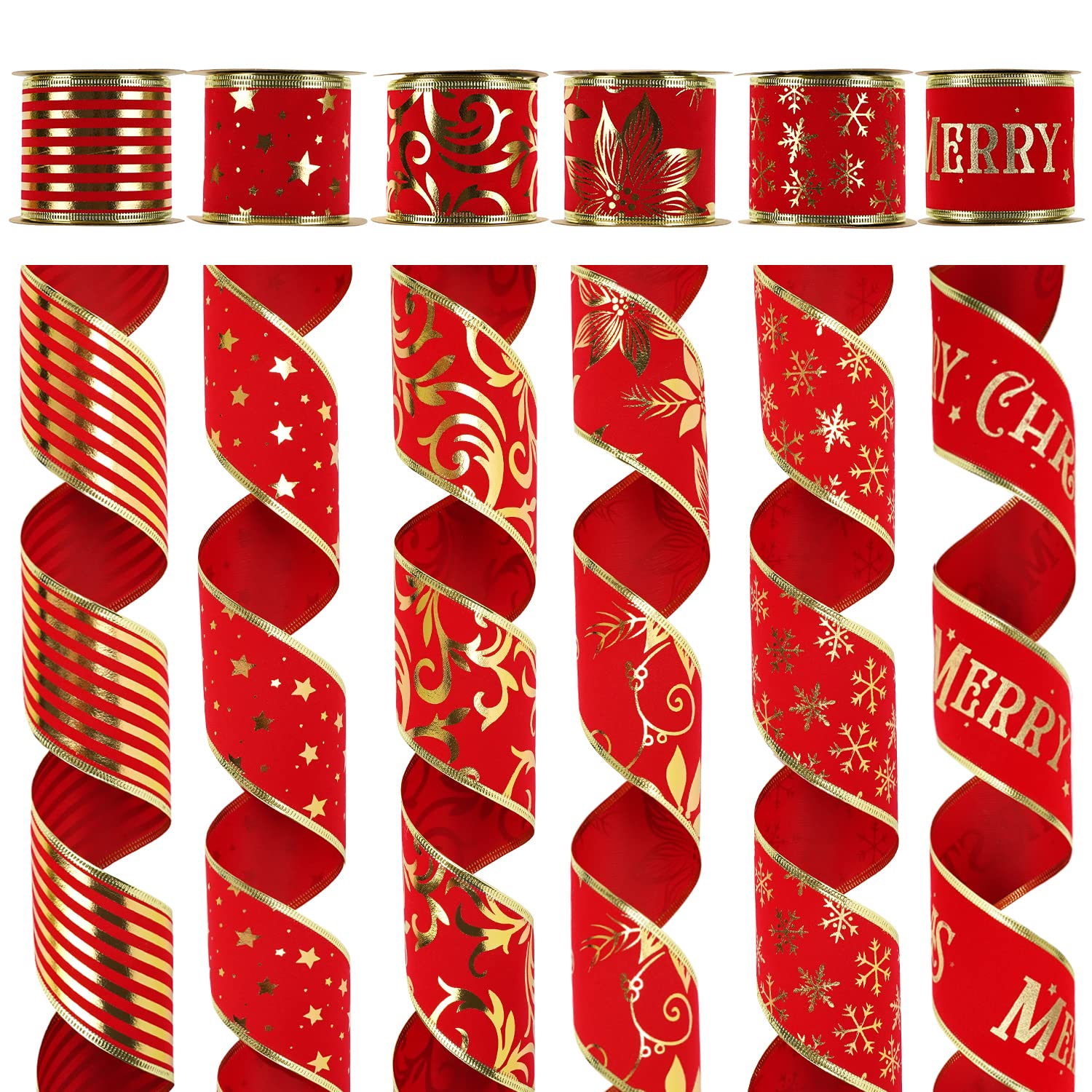 MEEDEE Red Velvet Wired Ribbon - 2.5 Inch, 6 Rolls, 36 Yards - Premium Christmas Tree Ribbon Set for Holiday Decorations, Gift Wrapping & DIY Crafts