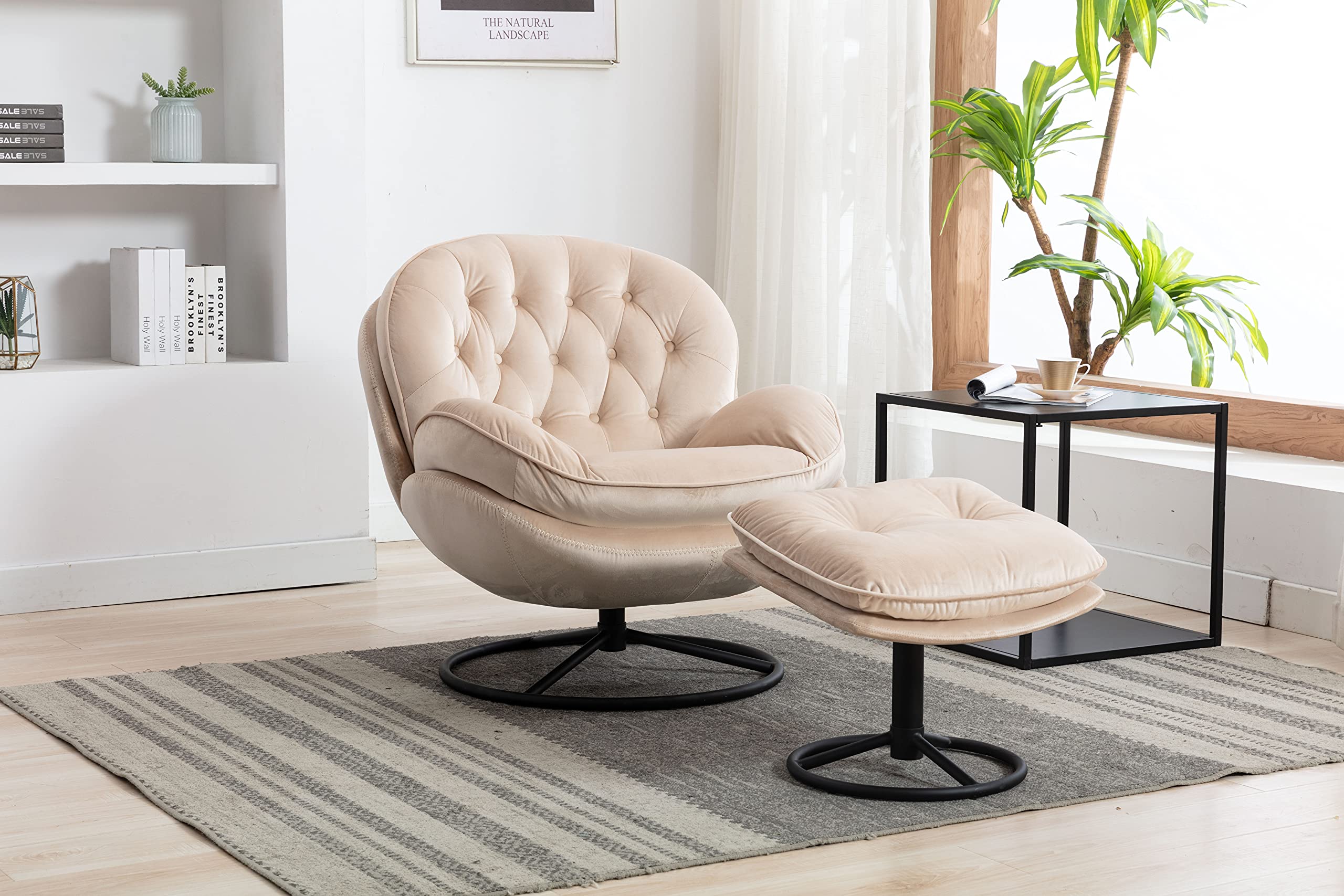 Velvet Swivel Accent Chair with Ottoman - Cozy Lounge Chair for Living Room, Bedroom & Reading Room - Modern Upholstered Lazy Sofa & Chase Lounger - Perfect for Relaxing, Watching TV & Reading (Beige)