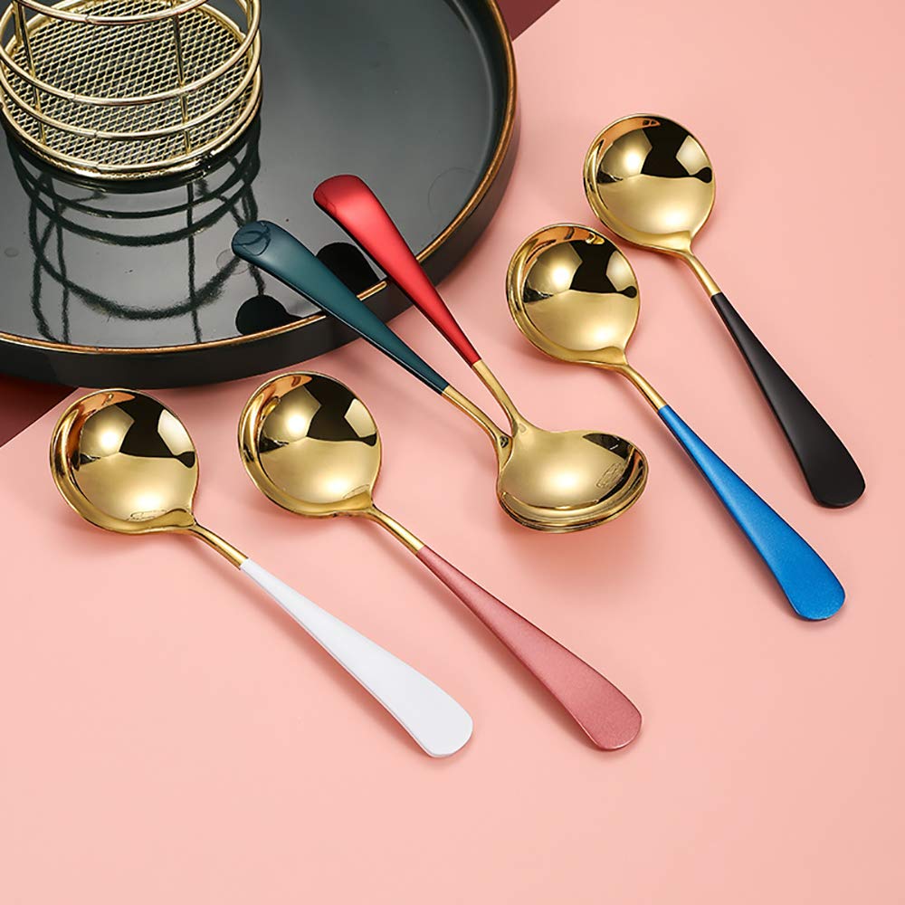 Leeonz 5-Pack Round Colorful Handle 304 Stainless Steel Soup Spoons - Elegant Dinner Spoons for Rice, Dessert & Coffee, Durable Kitchen & Tableware for Home, Restaurant & Cafe Use