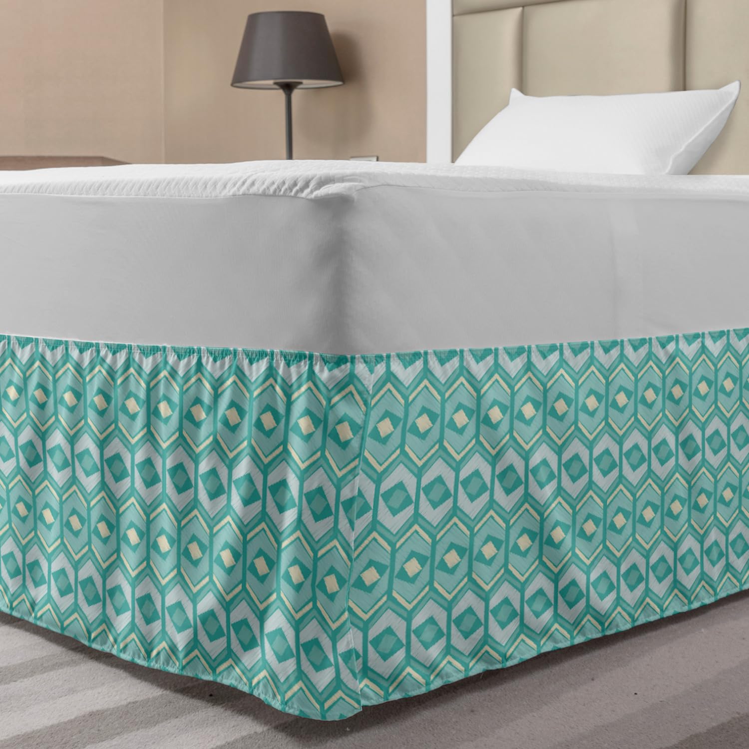 Ambesonne Abstract Bed Skirt with Geometric Rhombus & Hexagon Pattern - Elastic Wrap Around Dust Ruffle for Twin/Twin XL Beds - Seafoam Cream Color - Perfect for Modern Bedroom Decor & Guest Room Styling