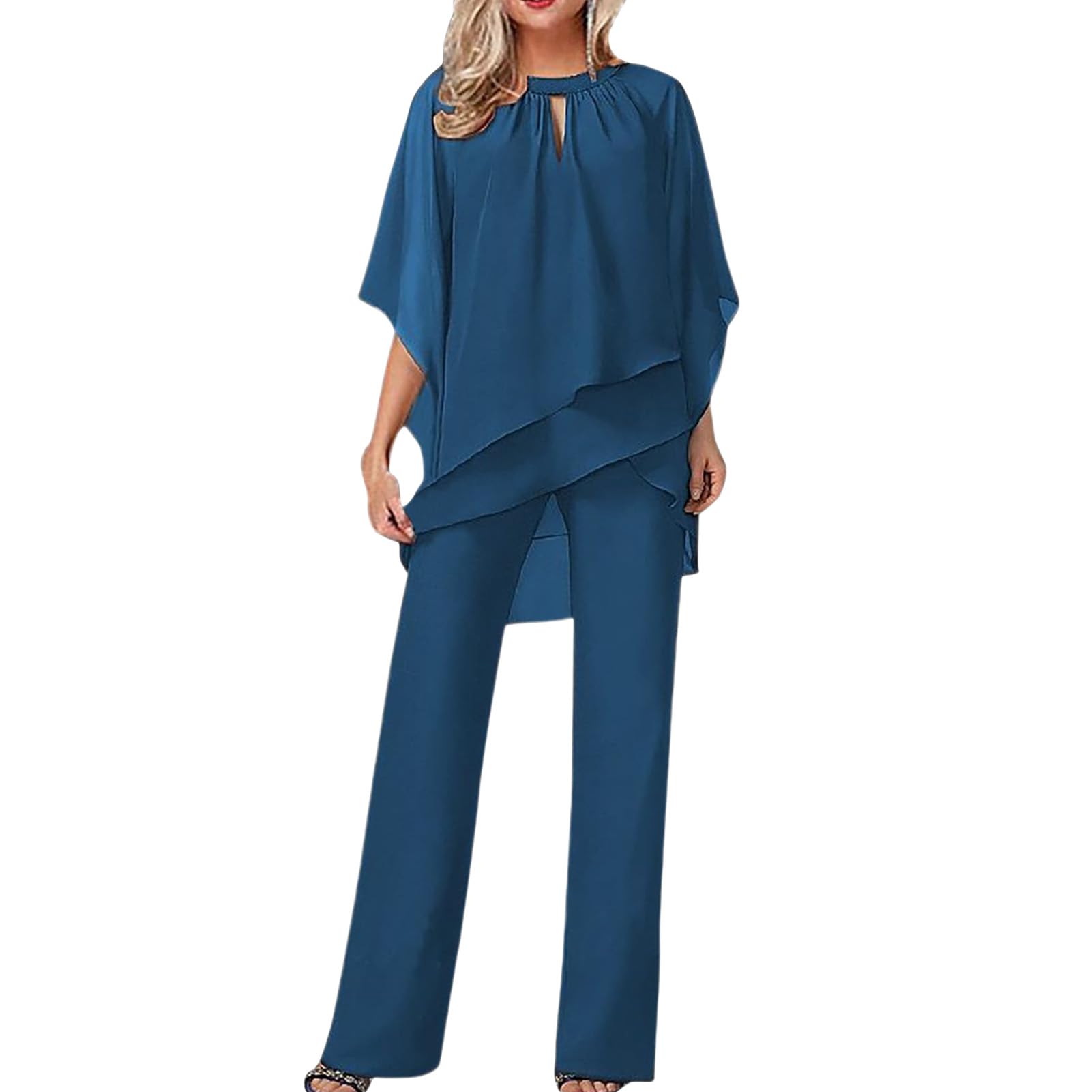 FHNUVB Women's 2-Piece Pantsuit Set with Asymmetrical Hem - Elegant Mother of The Bride Outfit & Wedding Guest Party Attire | Perfect for Formal Events, Evening Parties & Special Occasions