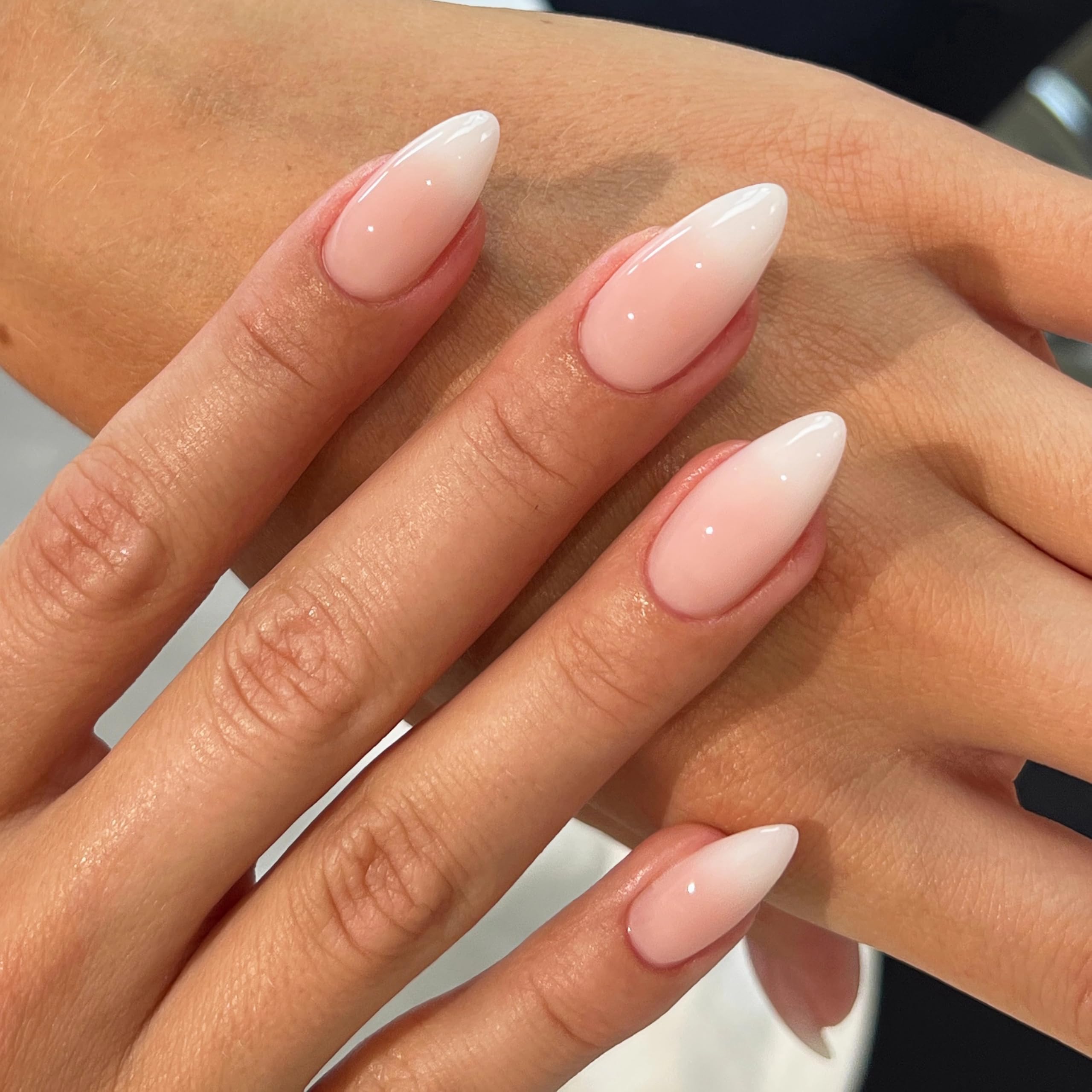 Ombre Nude to White Press On Nails - Medium Almond Fake Nails with Glossy Finish, Full Cover Glue On Nails for Women (24-Piece Kit, 12 Sizes) - Perfect for Daily Wear, Natural Look & Special Occasions