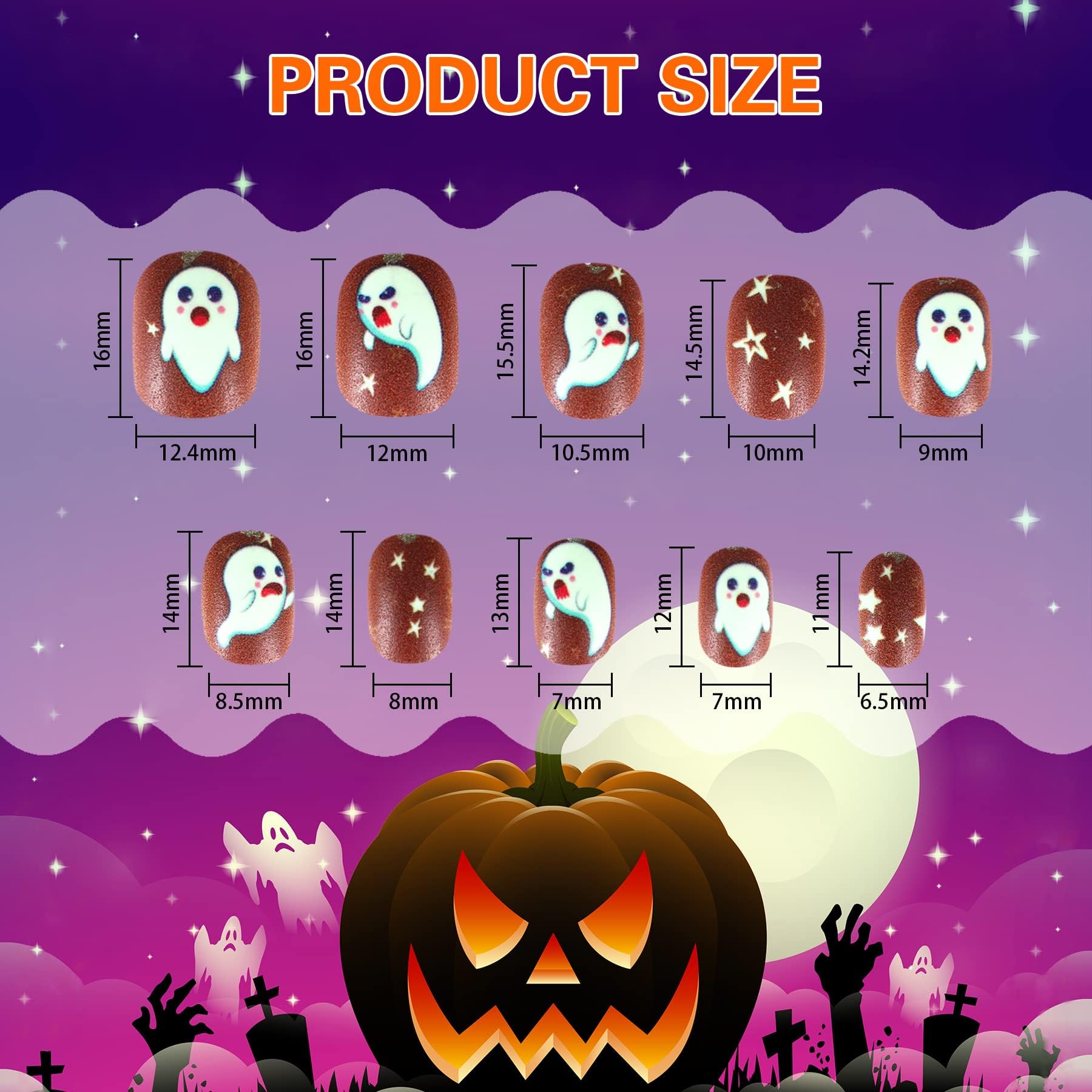 JANYUN Halloween Glow in the Dark Kids Fake Nails - 192 Pcs Short Glowing False Nails with Pumpkin, Spider & Bat Designs for Girls, Nail Art Party & Halloween Costume Accessories (Perfect for Trick-or-Treating, Costume Parties & Spooky Nail Decorations)