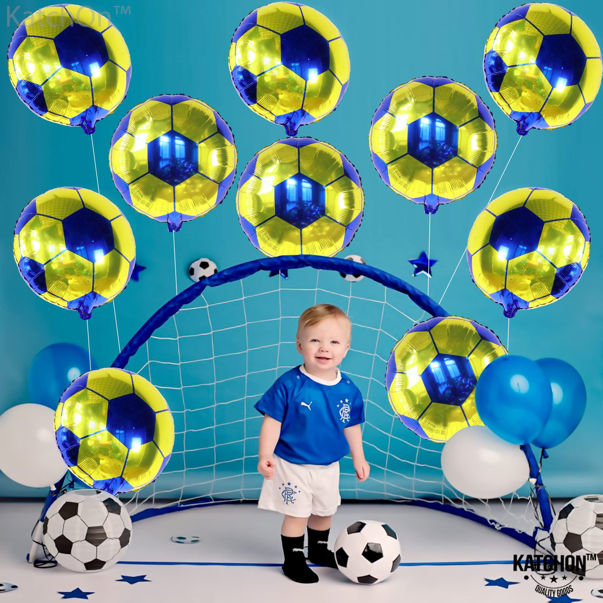 KatchOn 18 Inch Yellow & Blue Soccer Balloons - Pack of 10 | Soccer Ball Themed Party Decorations for USA Team Parties, Birthday Celebrations & Game Day Events | Perfect for World Cup, Team Spirit & Sports Theme Decor
