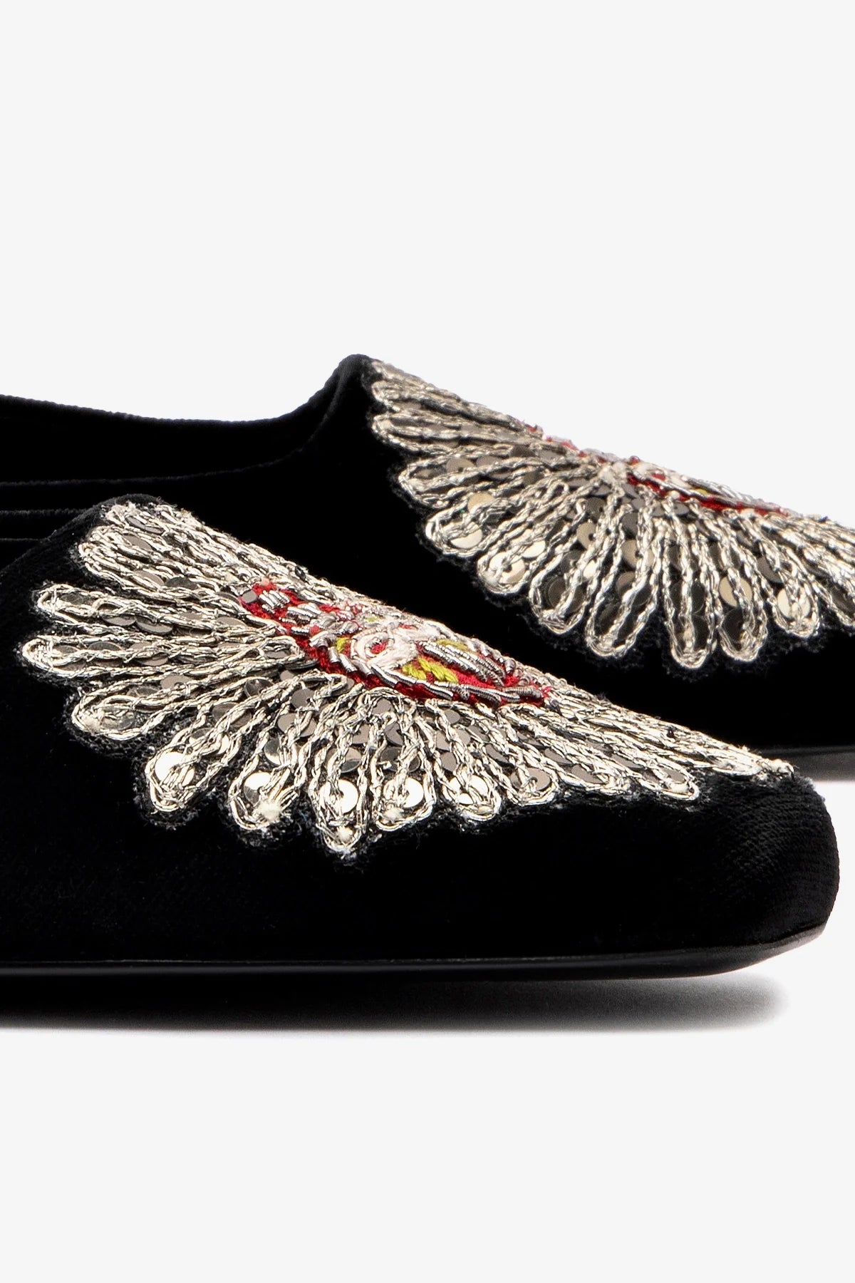 Larroudé x Markarian Black Velvet Mule Shoes with Heart Embroidery - Elegant Slip-On Loafers for Women, Perfect for Casual Outings, Office Wear, and Special Occasions