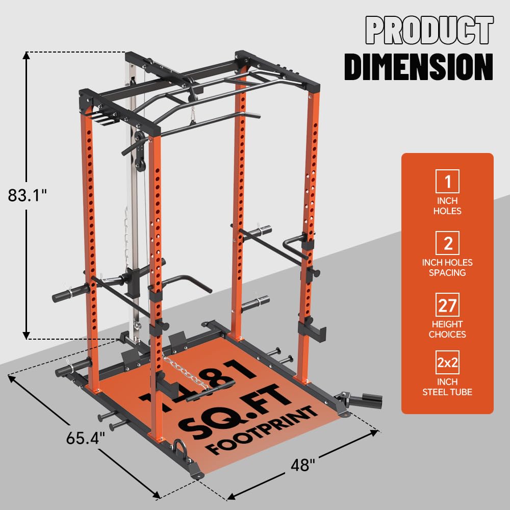 **Power Cage - Multi-Functional Power Rack with LAT Pulldown Cable System & Full Body Workout Attachments | Squat Rack with Optional Lever Arm, Belt Squat & Weight Plates Combo for Home Gym | Perfect for Strength Training, CrossFit & Home Fitness**