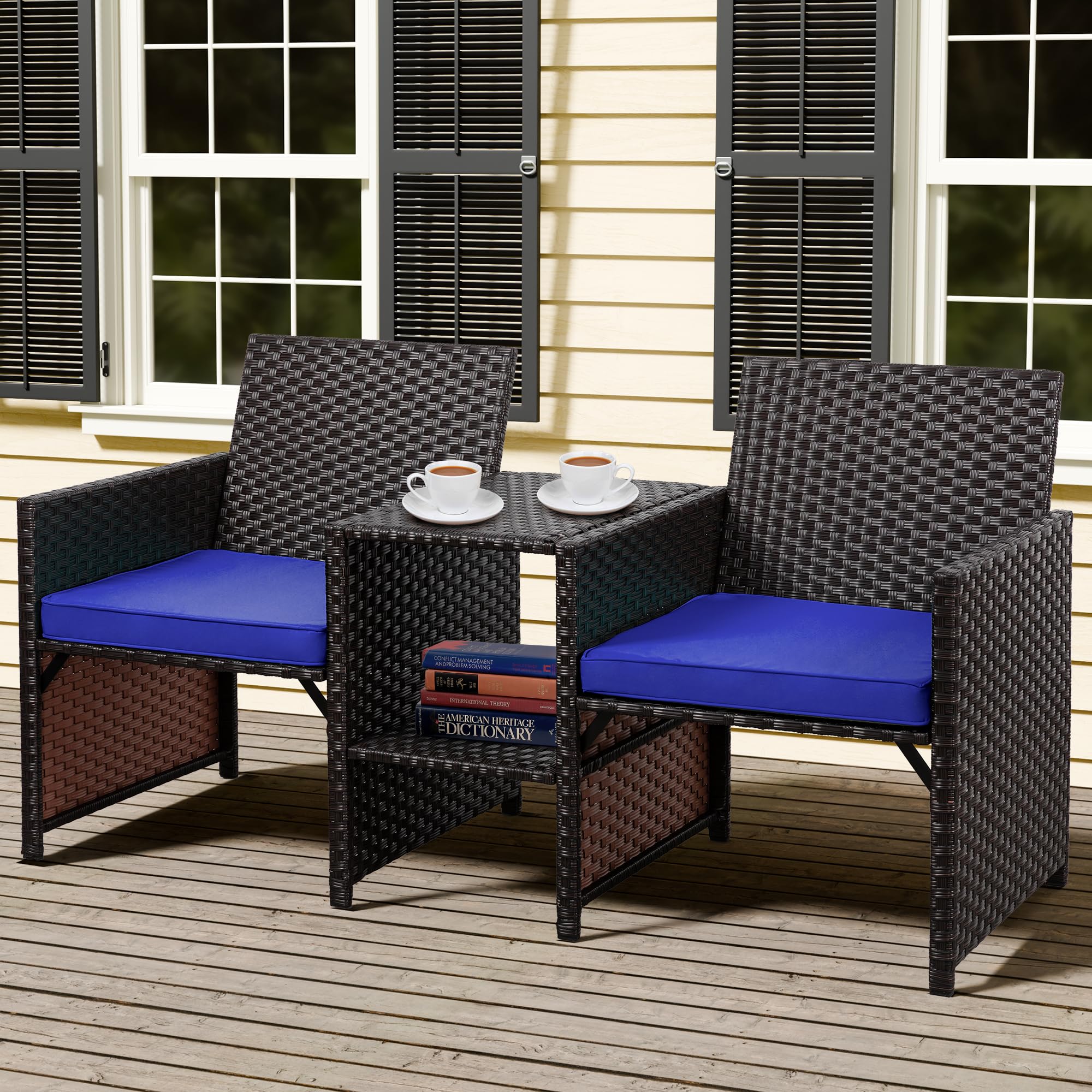 Shintenchi Outdoor Wicker Patio Conversation Set with Detachable Chairs & Table - 2 Removable Cushions, Rattan Wicker Loveseat for Patio, Garden, Backyard, Courtyard - Perfect for Relaxing, Entertaining & Outdoor Lounging (Deep Blue)