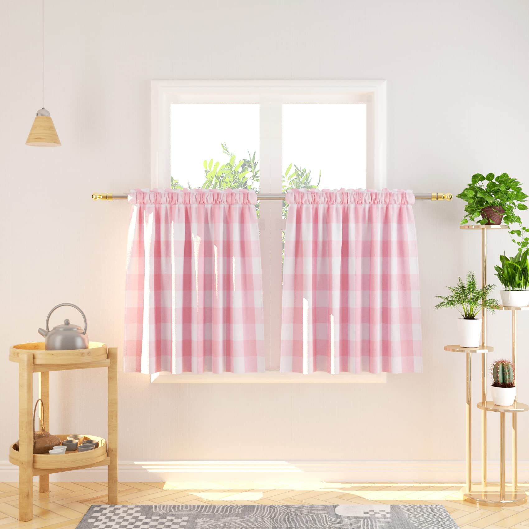 Buffalo Plaid Cafe Curtains 30 Inches Long - 2 Panels with Rod Pocket, Gingham Check Short Half Window Curtains for Kitchen & Bathroom - Pink & White - Perfect for Small Windows, Farmhouse Decor, and Cozy Home Styling