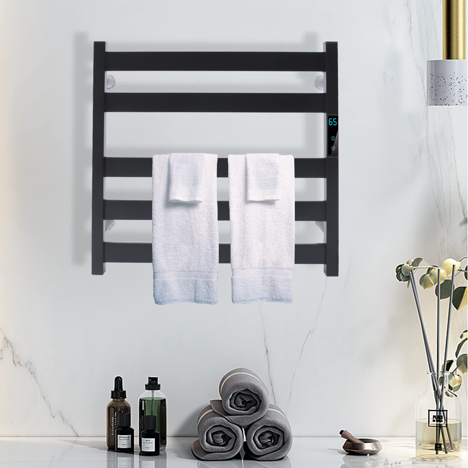 Stainless Steel Electric Towel Warmer & Heater Rack for Bathroom - 5-Bar Wall Mounted Plug-in Bath Heater with Timer & Smart Temperature Control - Perfect for Spa, Luxury Bathroom & Home Relaxation