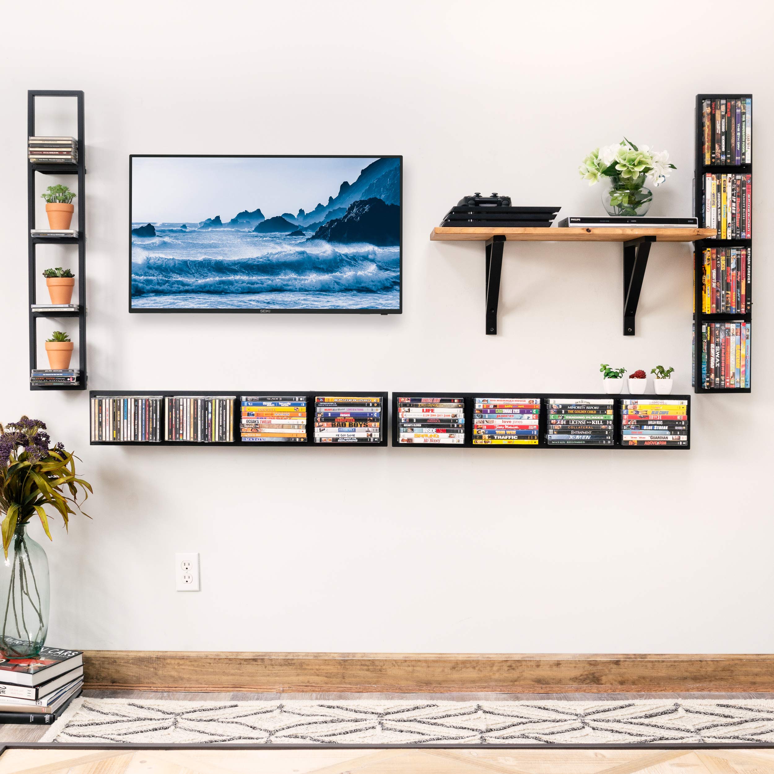 34 Inch Wall Mount Media Storage Rack - Set of 2 Black Metal Floating Shelves for CD DVD Organizer | Perfect for Living Room, Bedroom & Home Theater Organization
