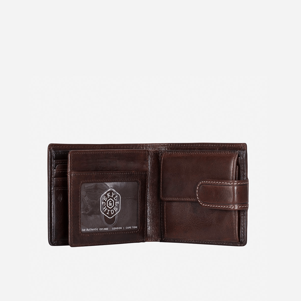 Jekyll & Hide Genuine Leather Oxford Billfold Wallet with Coin Pocket & Tab Closure - Coffee Brown | Slim RFID Blocking Bifold Wallet for Men, Perfect for Everyday Carry & Travel