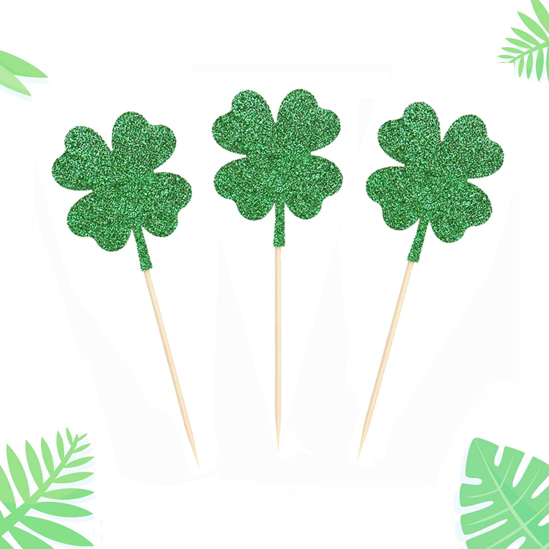 24 PCS Green Glitter Clover Cupcake Toppers - St Patrick's Day & Party Decor