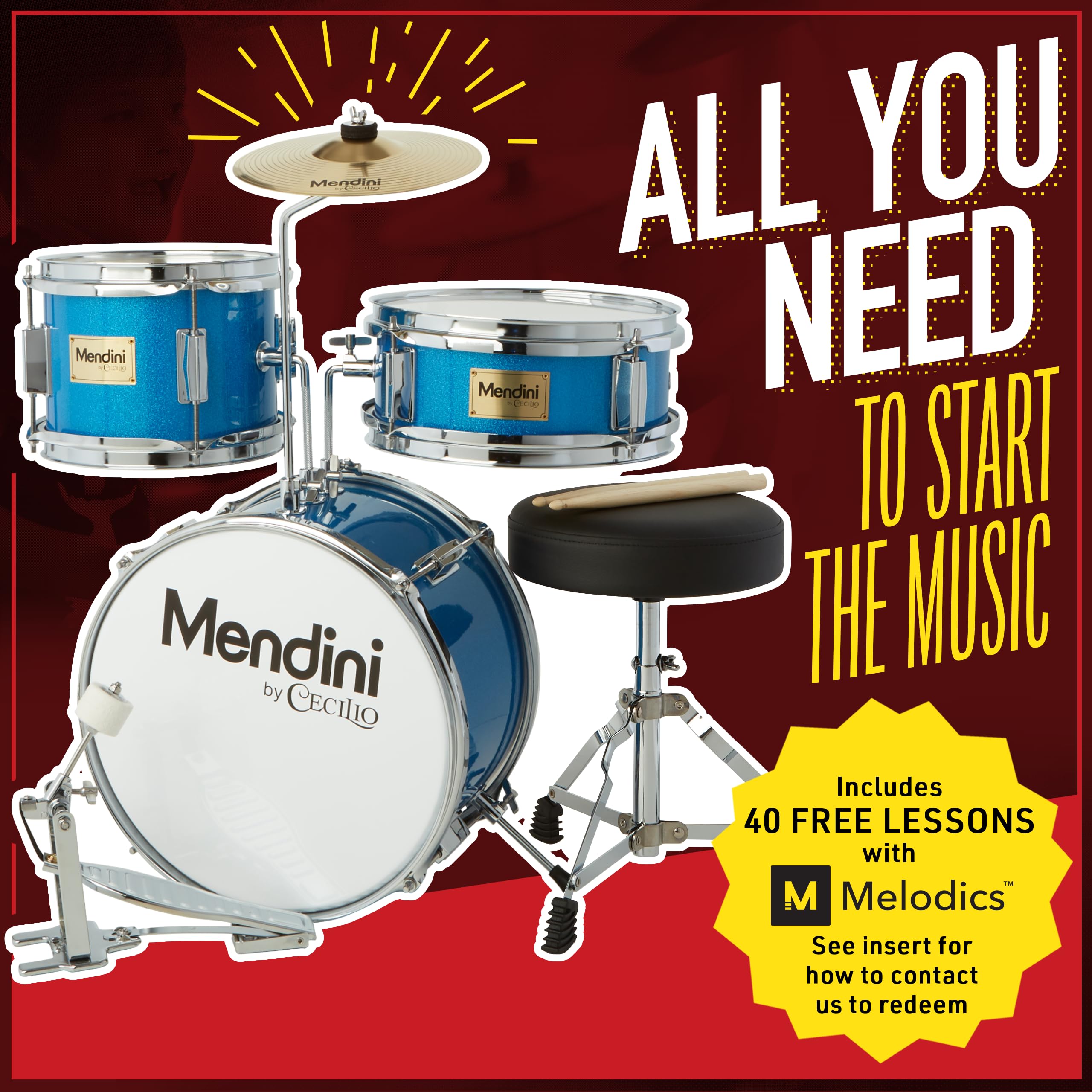 Mendini by Cecilio Kids Drum Set - 4-Piece Junior Drum Kit with Bass, Tom, Snare & Cymbal, Includes Drumsticks & Adjustable Throne - Best Beginner Musical Instrument for Children - Perfect for Home Practice, Music Lessons & Birthday Gifts