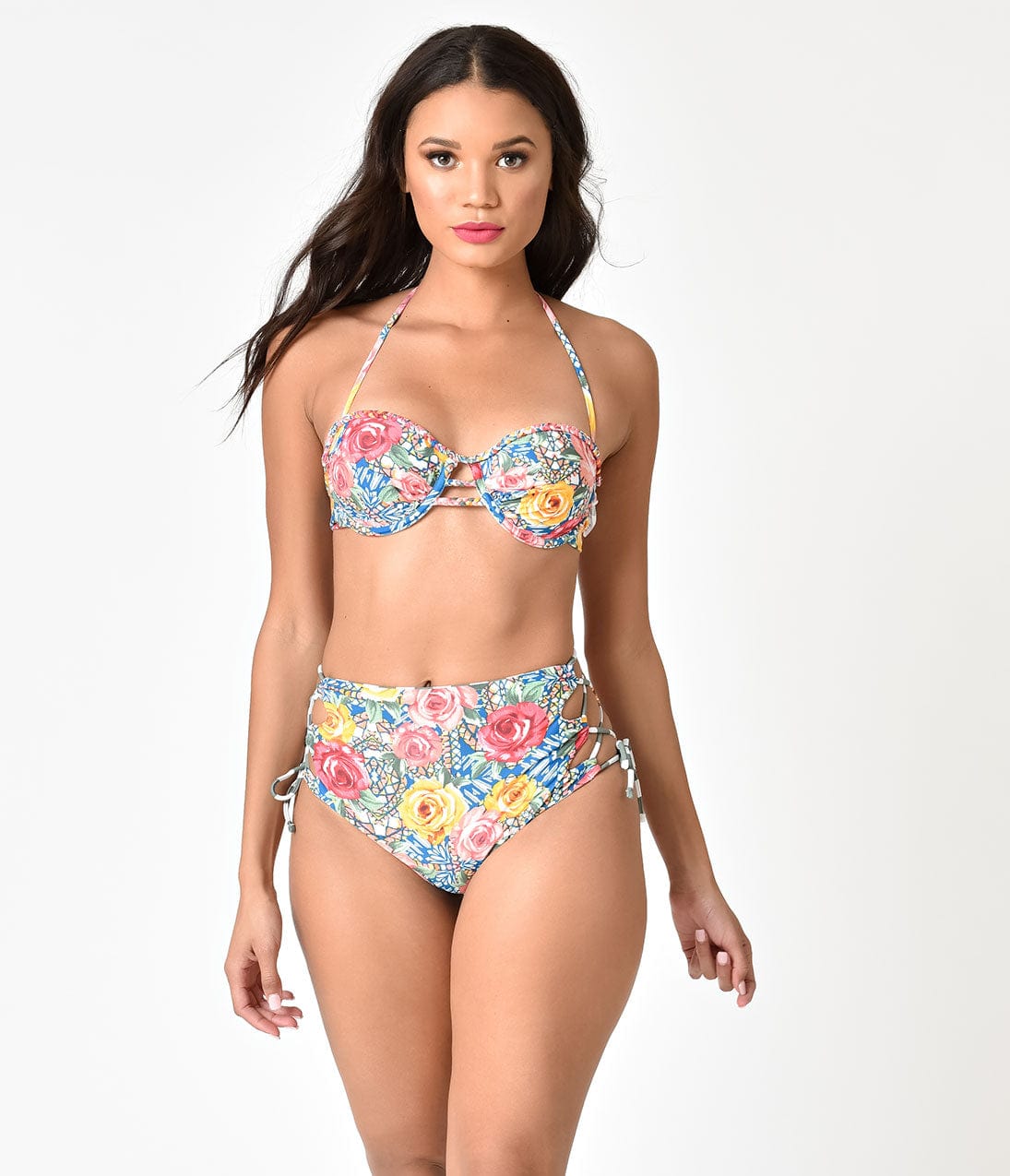 Reversible Swim Bottoms for Women - Multicolor Roses Mosaic & Green Stripe Bikini Bottoms | High Waisted Beach Swimwear | Perfect for Pool, Beach Vacation & Summer Water Activities