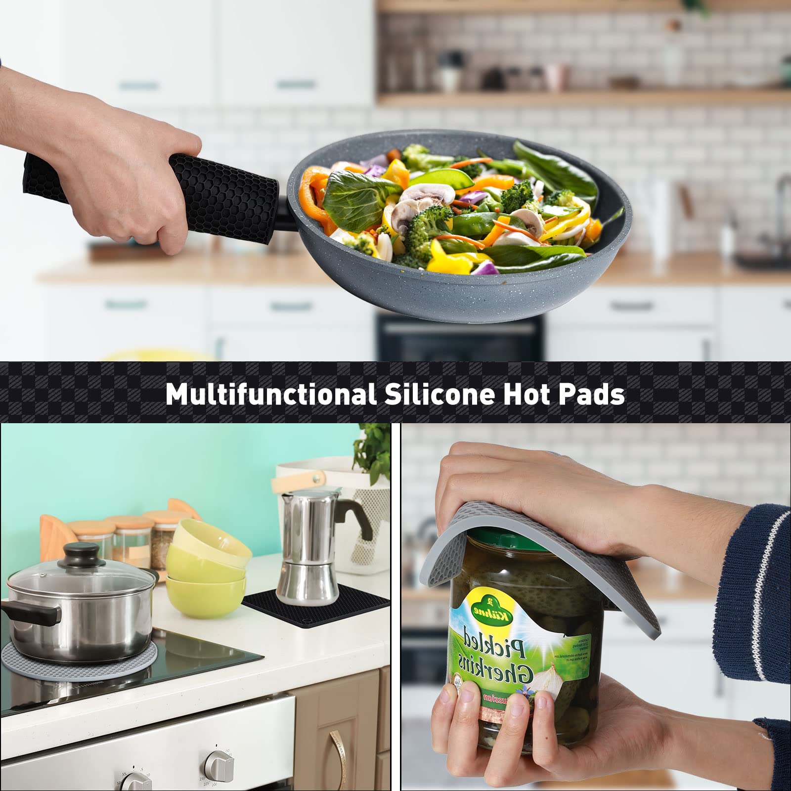 12-Pack Heat-Resistant Silicone Trivet Mats & Oven Mitts Set - Non-Slip Pot Holders for Kitchen Counter, Table, Stove - Perfect for Hot Dishes, Baking, Cooking (Black & Gray)