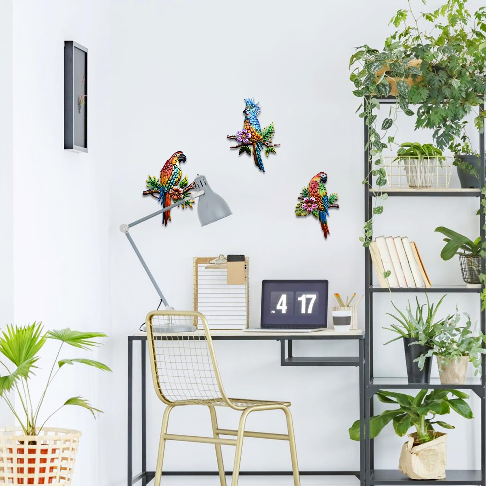 Voumsil 3-Piece Tropical Parrot Metal Wall Art Decor - Handcrafted Bird Sculpture for Indoor & Outdoor Use - Perfect for Patio, Balcony, Garden, Fence, Living Room & Bedroom Wall Decoration
