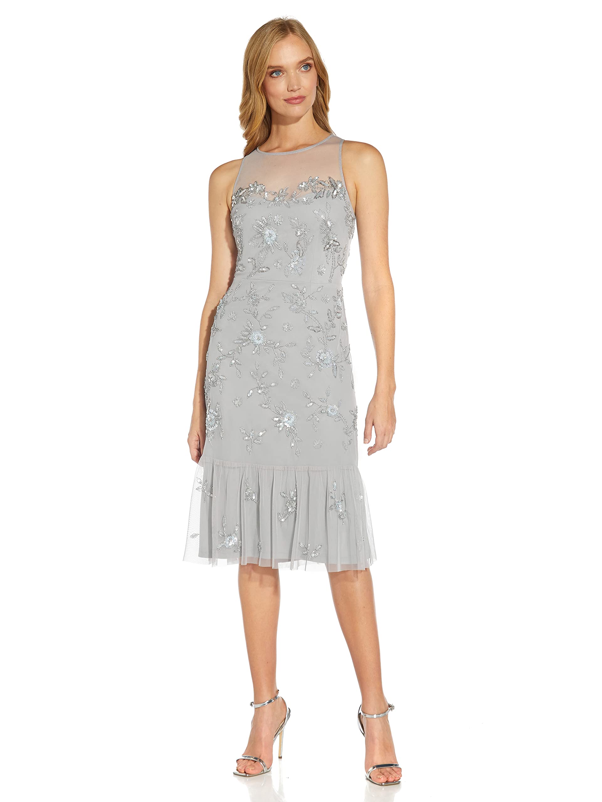 Adrianna Papell Women's Beaded Tea Length Dress - Elegant Beaded Cocktail Party Dress for Weddings, Galas & Special Occasions
