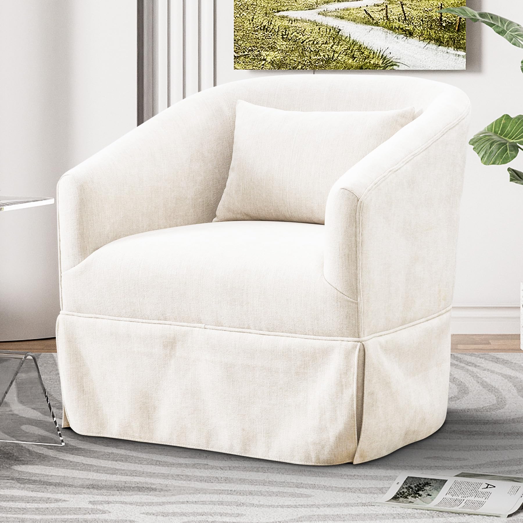 360° Swivel Accent Chair - Modern Chenille Upholstered Barrel Chair with Padded Cushion & Skirt, Cream White Small Reading Armchair for Living Room, Nursery, Bedroom & Lounge - Perfect for Relaxing, Reading or Adding Stylish Seating to Any Space