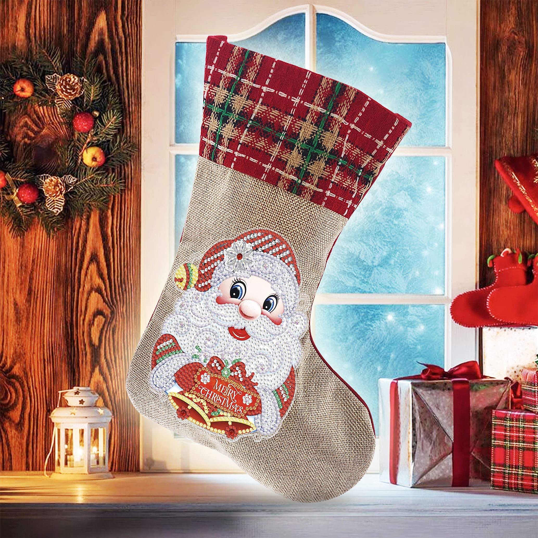 5D Diamond Painting Christmas Stockings Kit - 14 Inch DIY Santa Claus & Bell Xmas Stocking for Fireplace Decor, Holiday Party, Family Gift - Perfect for Christmas Tree, Home Decoration & Festive Season Celebrations