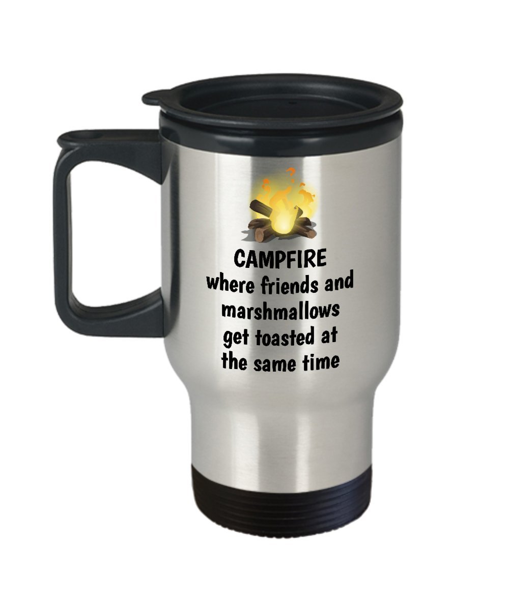 Funny Camping Travel Mug - Insulated Coffee Cup with Campfire & Marshmallows Design - Perfect Camper Gift for Outdoor Enthusiasts - Great for Camping Trips, Hiking Adventures & Road Trips