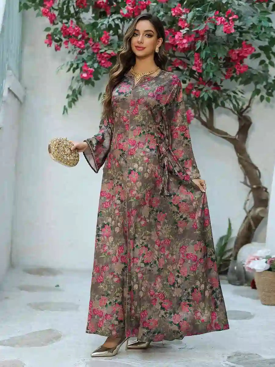 Elegant Eid Printed Hotfix Rhinestone Caftan Dress for Women - Perfect for Celebrations, Parties & Special Occasions | Stunning Embellished Kaftan for Festive Events & Holiday Gatherings