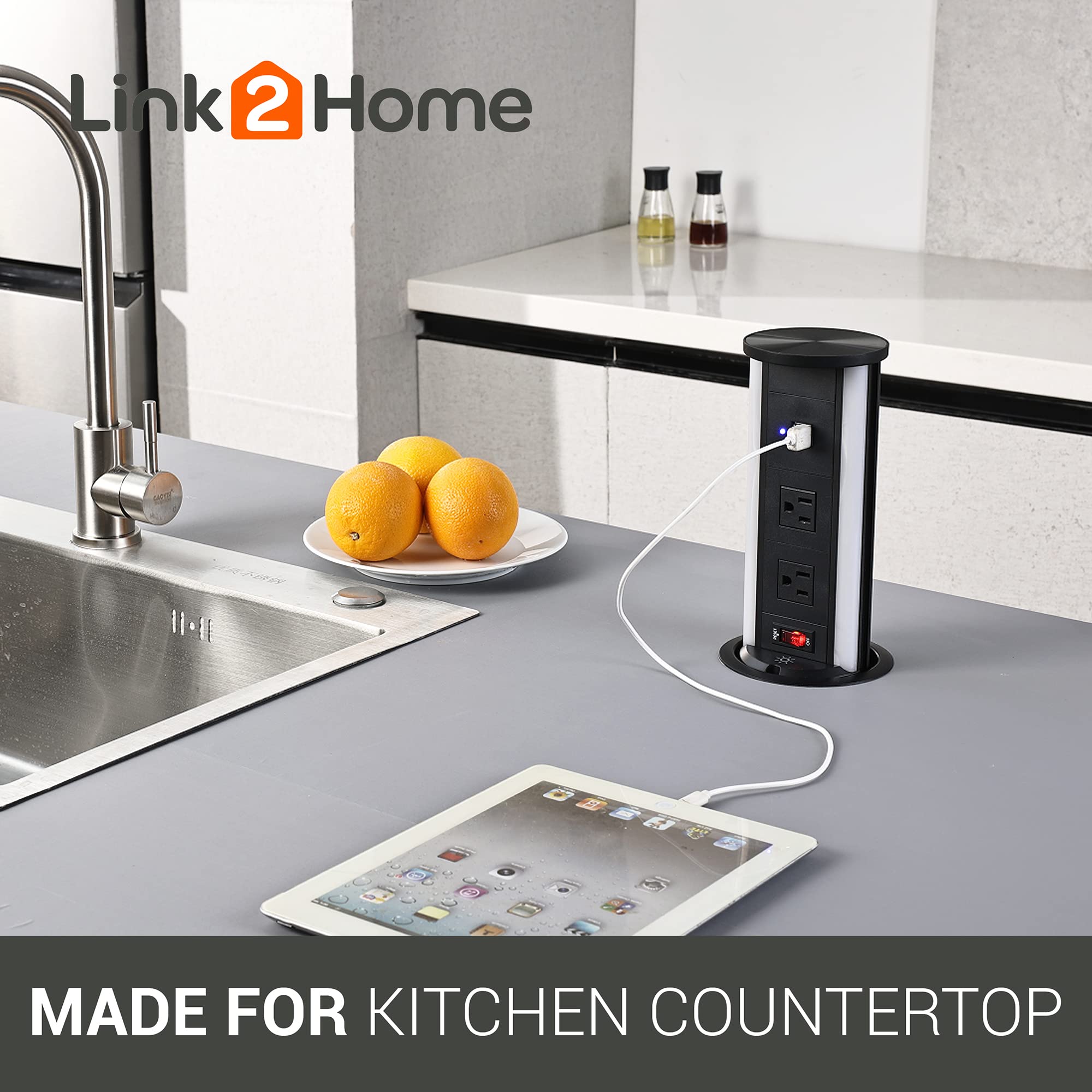 Link2Home Automatic Pop Up 10W Wireless Charging Station with 2 Power Outlets (15A) & 2 USB Ports (3.4A) - Splash Resistant, Black Anodized Finish - Perfect for Kitchen Counter, Office Desk, Workshop & Home Use
