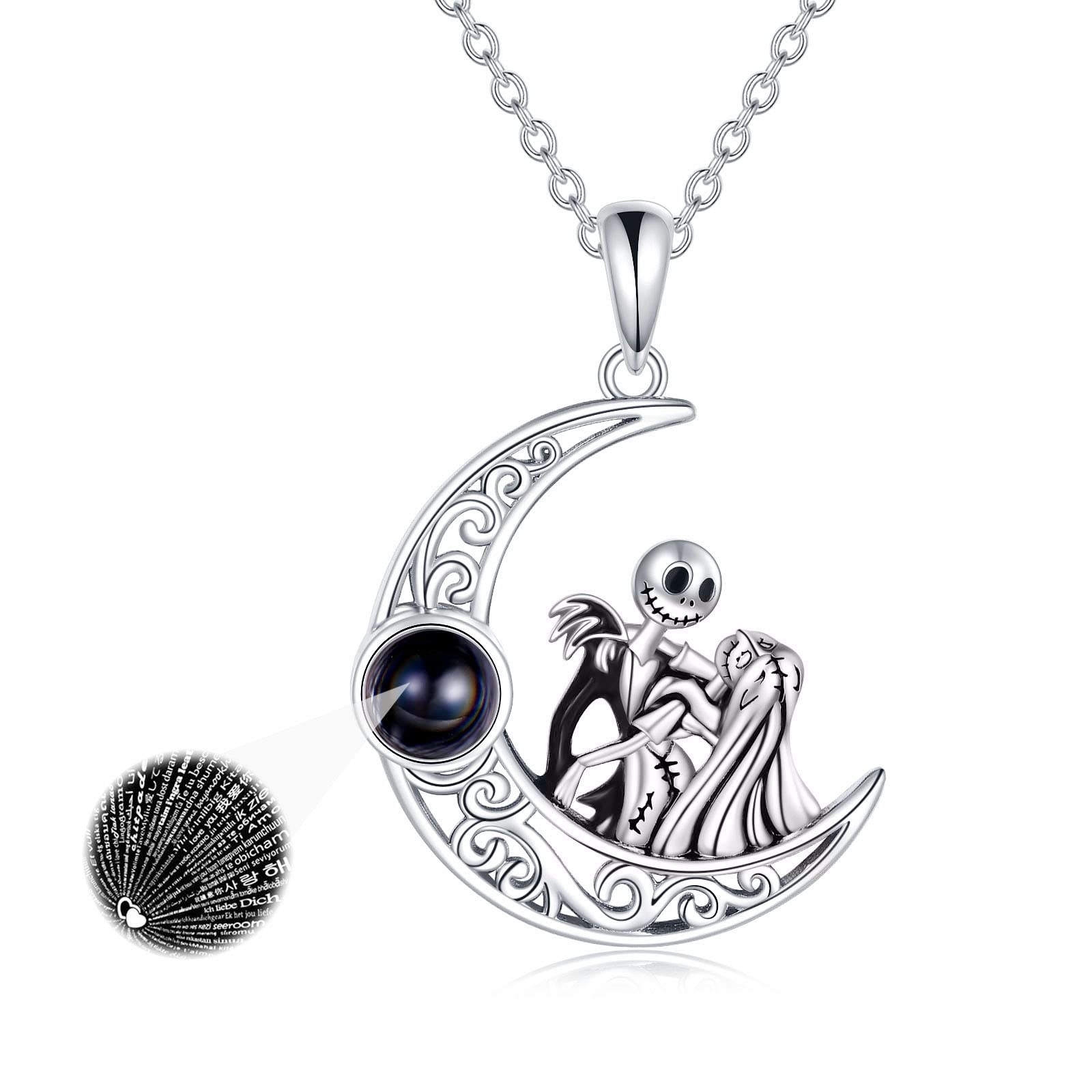 LILALO Nightmare Before Christmas Necklace - 925 Sterling Silver Jack & Sally Pendant with Zero Charm - Gothic Jewelry for Halloween, Cosplay, and Gift Giving