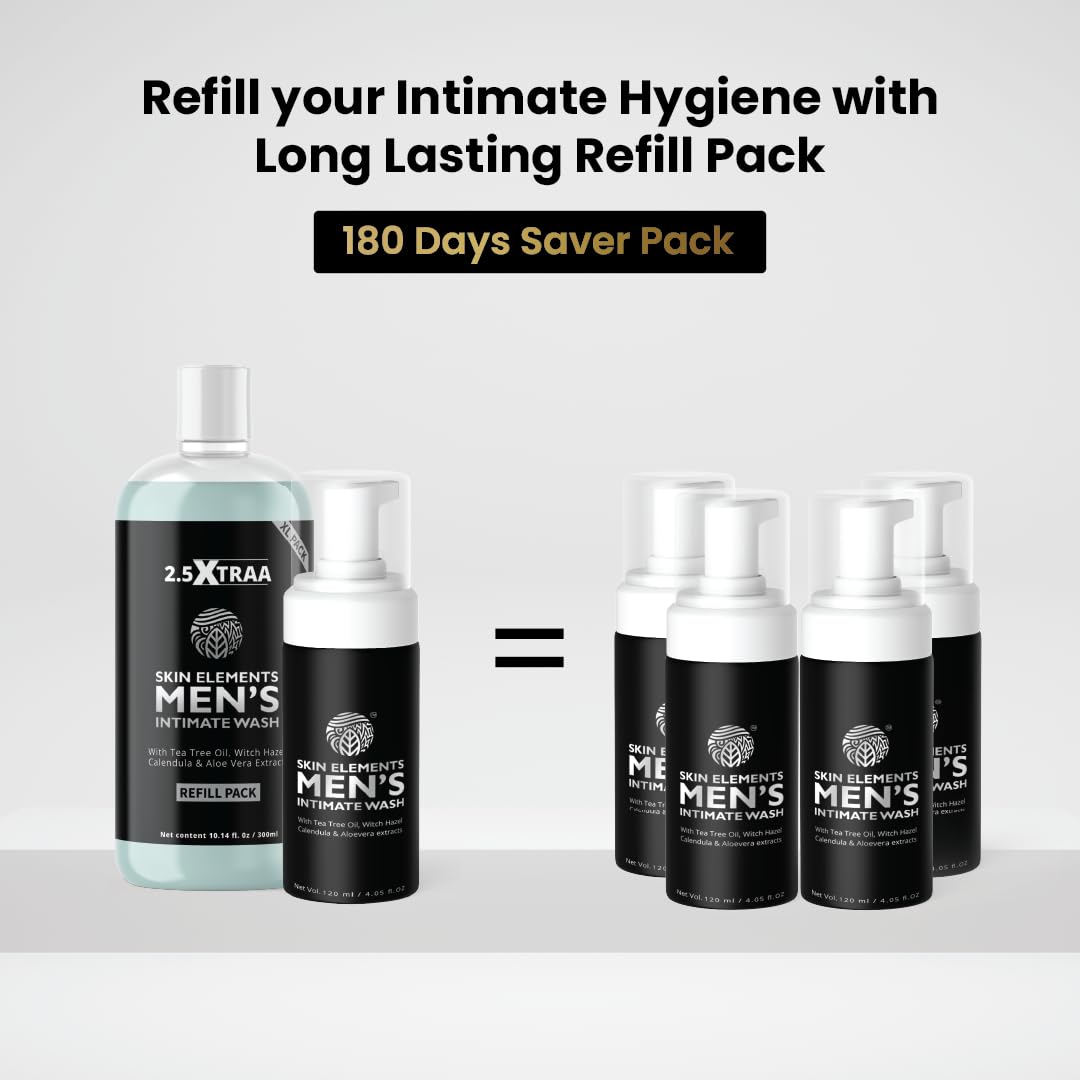 Skin Elements Men's Intimate Wash Jumbo Pack with Refill - 14.2 fl oz pH Balanced Foaming Wash for 180 Days | Tea Tree Oil Formula Prevents Odor | Gentle Genital Hygiene for Daily Use | Ideal for Gym, Travel & Active Lifestyles