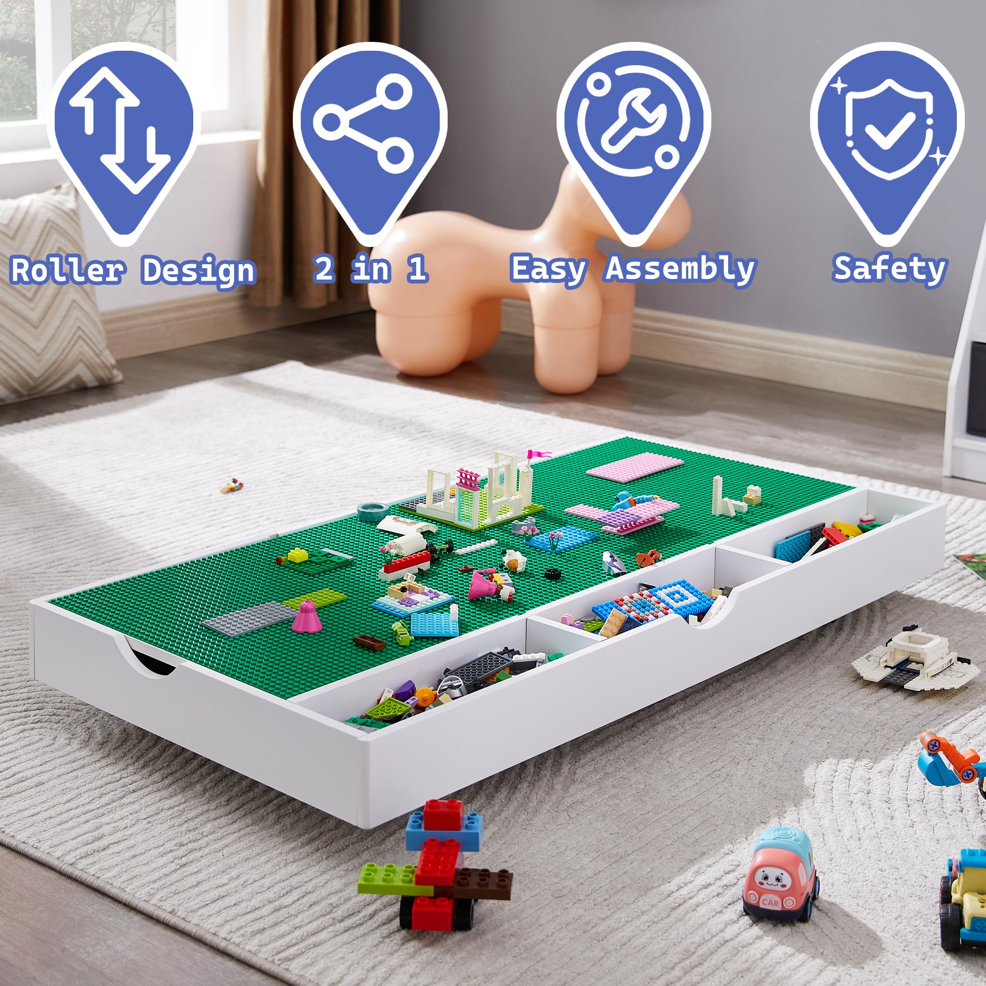 2 in 1 Construction Play Table - Lego Compatible Building Blocks & Train Game Table with Locking Wheels, Storage Space - Kids Activity Center for Bedroom, Playroom or Living Room (White)