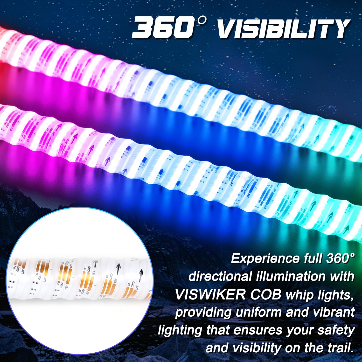 2PCS 4FT Upgraded COB LED Whip Lights - 16 Color Modes, Bend & Weather Resistant for ATV/UTV, Polaris RZR, Can-Am - Perfect for Off-Road Adventures, Night Riding & Outdoor Camping