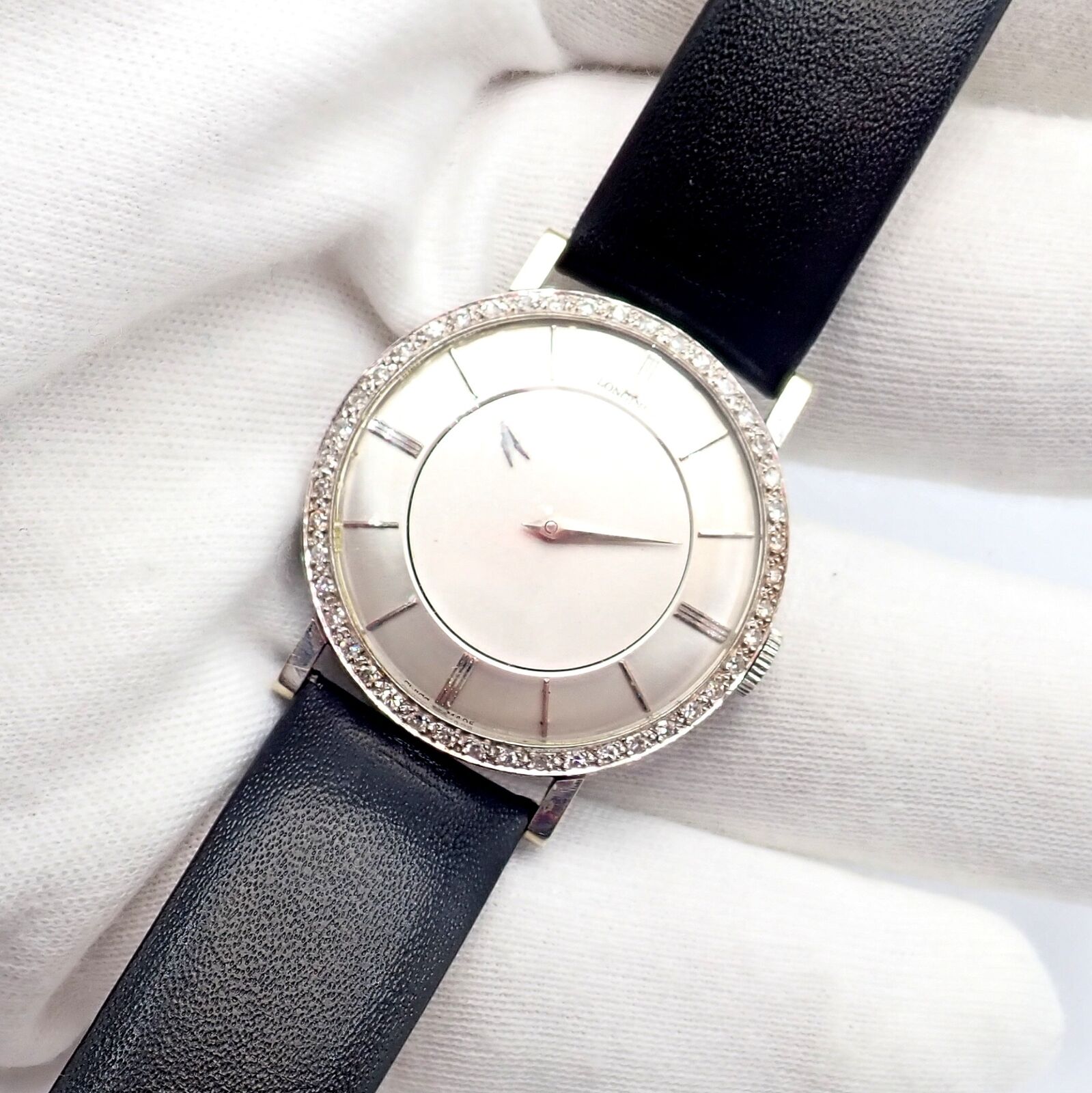 Vintage Longines 18k White Gold Diamond Bezel Manual Wind Mystery Dial Watch - Luxury Classic Timepiece for Formal Events & Special Occasions