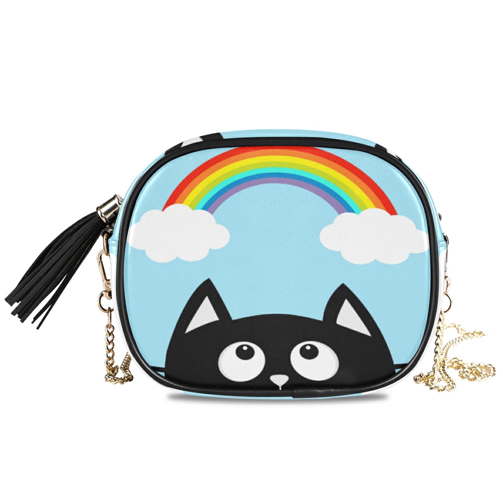 Stylish Cat & Rainbow Crossbody Bag for Women - Trendy Tassel Shoulder Purse with Chain Strap | Perfect for Casual Outings, Music Festivals & Everyday Use