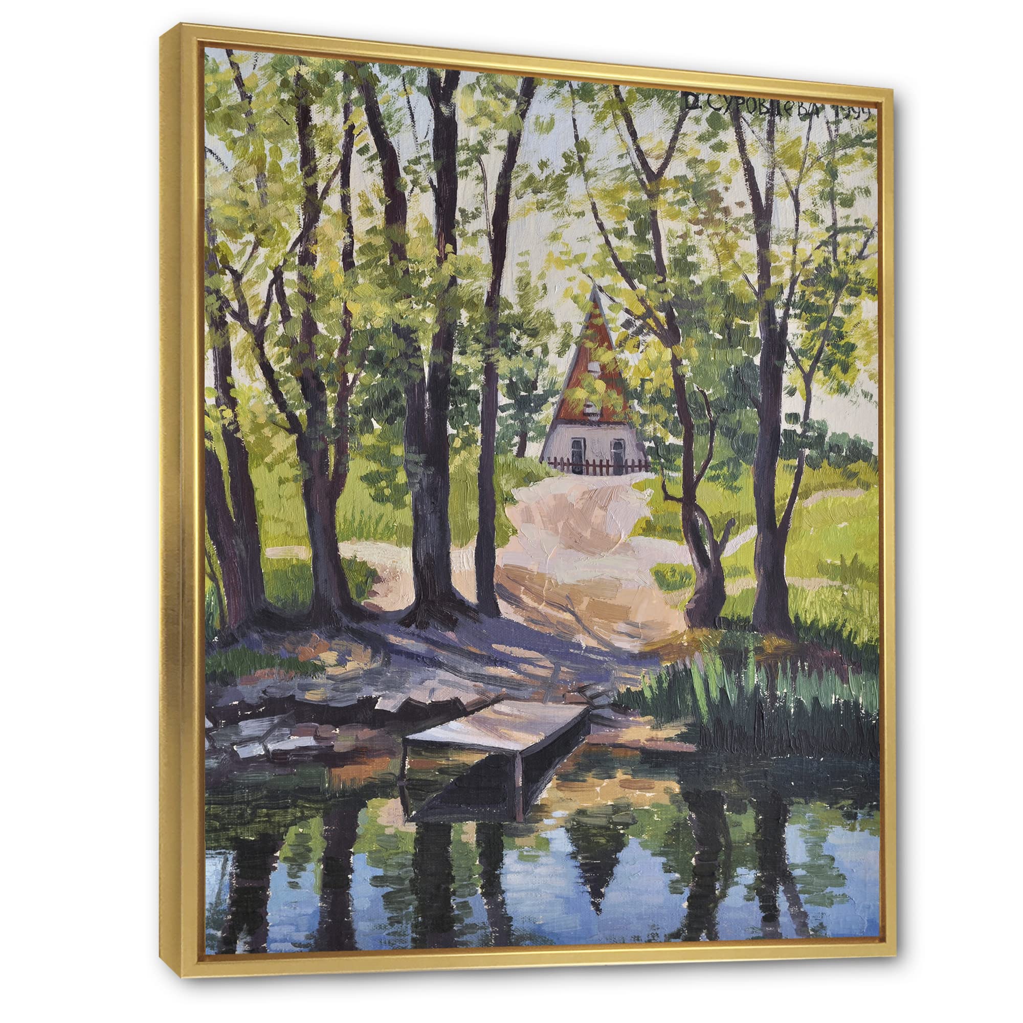 Mysterious Lake House By The River - Framed Canvas Wall Art Print for Living Room, Bedroom & Office Decor