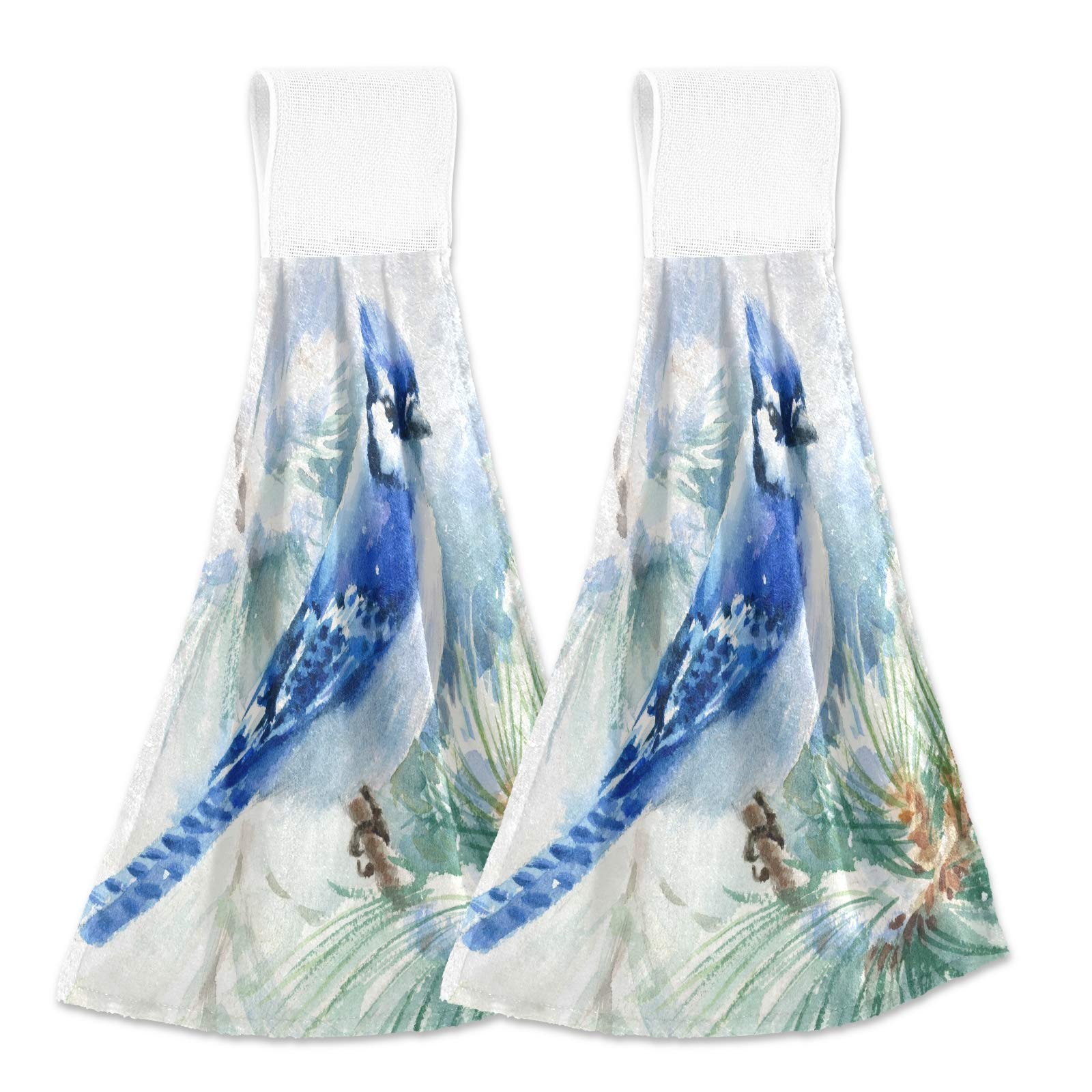 Set of 2 Blue Jay Winter Bird Kitchen Towels - Absorbent Cotton Hand Towels & Washcloths for Kitchen, Bathroom Decor - Perfect for Holiday Gifts & Farmhouse Style Home Decor