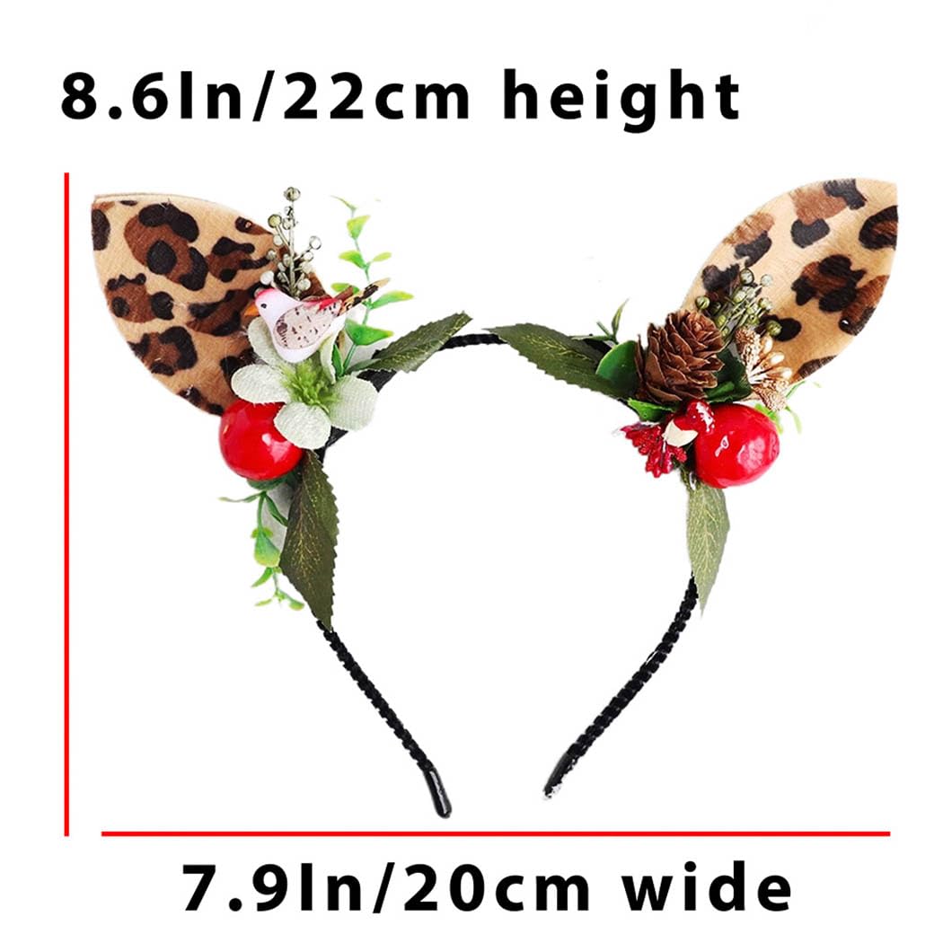 Leopard Print Headbands with Brown Deer Hair Hoop - Reindeer Antlers Hair Accessories for Women | Halloween Costume Party, Christmas Theme Events & Cosplay