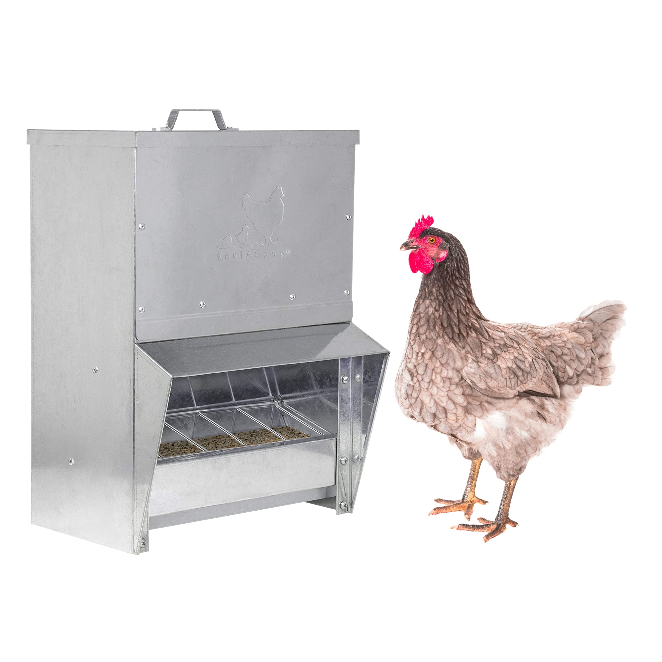 RentACoop Galvanized Chicken Trough Feeder - 25LB Capacity Weatherproof Poultry Food Dispenser with Lid for Hens, Ducks & Birds - Perfect for Backyard Coops & Farm Use