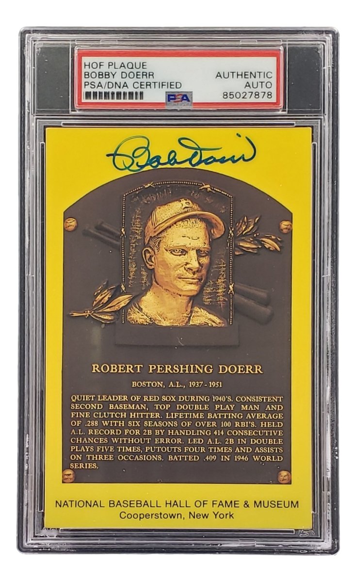 Bobby Doerr Autographed 4x6 Boston Red Sox Hall of Fame Plaque Card with PSA/DNA Certification #85027878 - Perfect for Baseball Memorabilia Collectors and Red Sox Fans Display