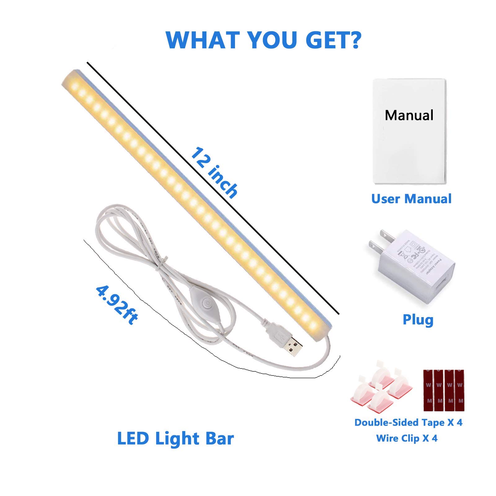 JUSJUBR 12-Inch Slim LED Under Cabinet Lighting with Memory Function - 3000K Warm White Dimmable USB Light Bar for Kitchen, Bedroom & Office - Perfect for Countertops, Shelves & Workspaces