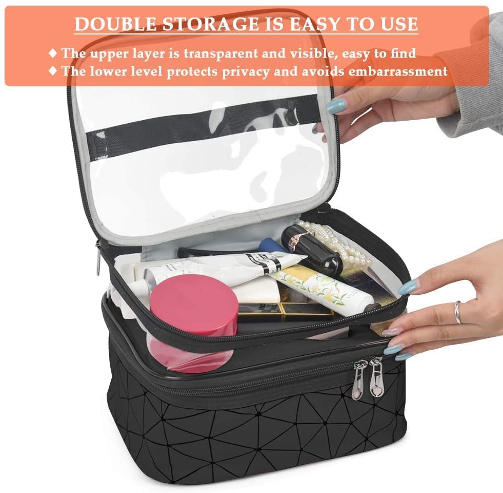 R RUNILEX Double Layer Large Clear Makeup Bag - Water-Resistant Travel Cosmetic Case & Toiletry Organizer for Women | Perfect for Camping, College, Gym & Daily Use (Black)