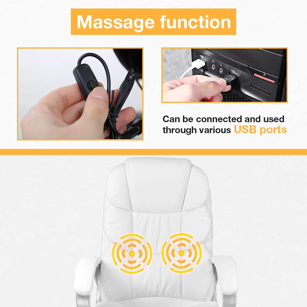 Best Ergonomic Office Chair - White Faux Leather Executive Chair with Lumbar Support, Massage & Vibration, 360° Swivel & Adjustable Armrests - Perfect for Home Office, Gaming, and Corporate Workspaces