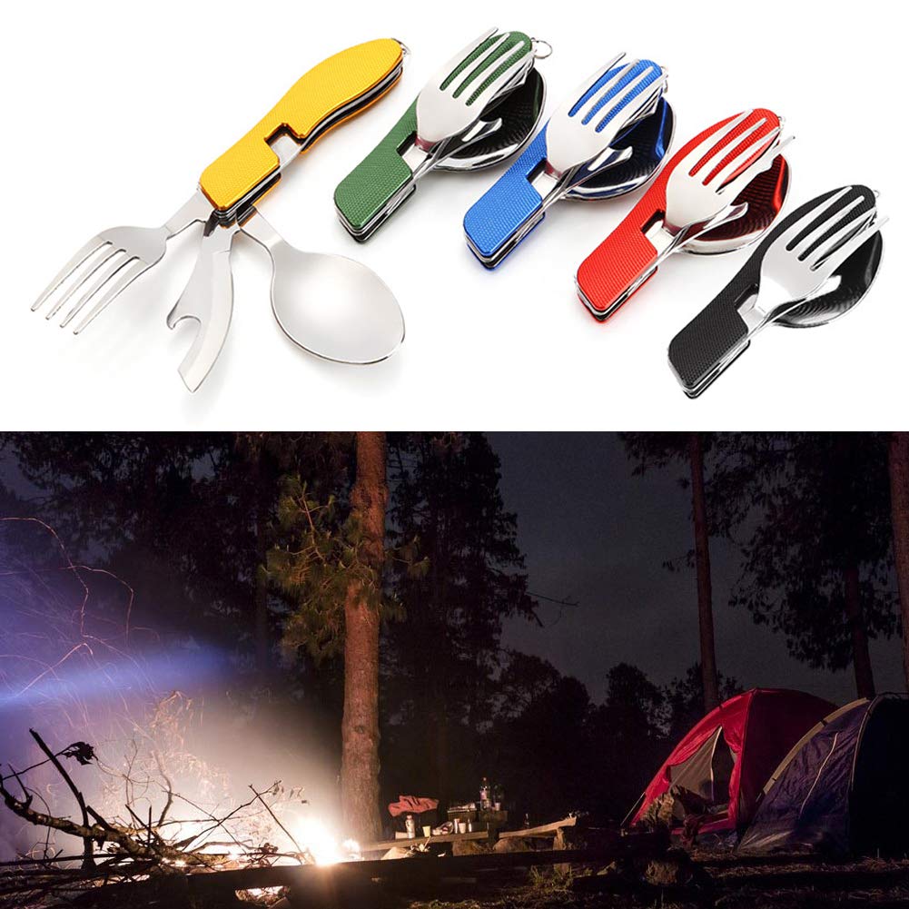AKOAK Camping Cutlery Set - Stainless Steel Detachable Knife, Spoon, Fork & Bottle Opener for Outdoor Dining (Yellow)