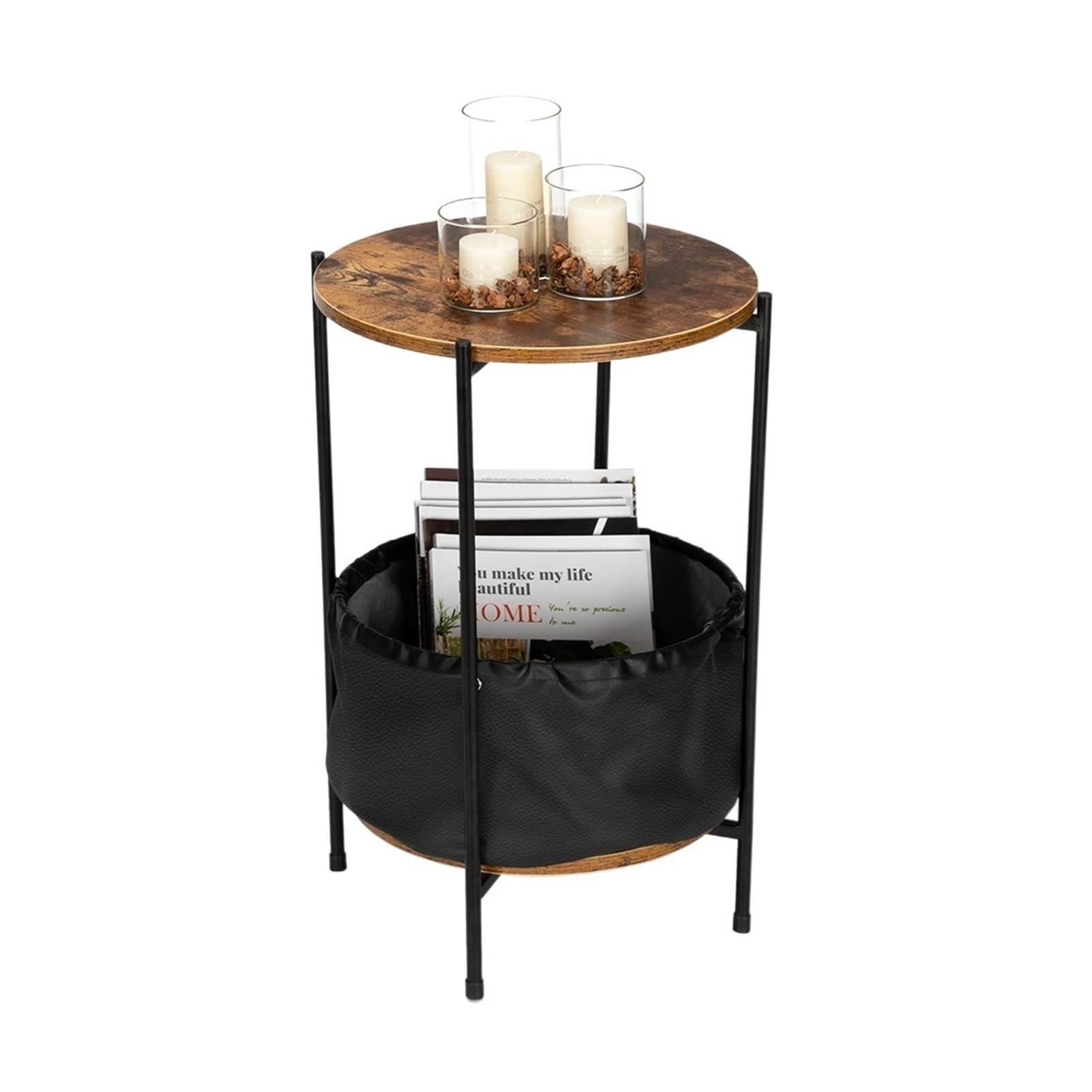 TOMYEUS Wooden Coffee Table with Wrought Iron Base - 2-Tier End Table with Storage Shelf for Living Room, Bedroom, Office - Perfect as Side Table for Snacks, Books & Decor