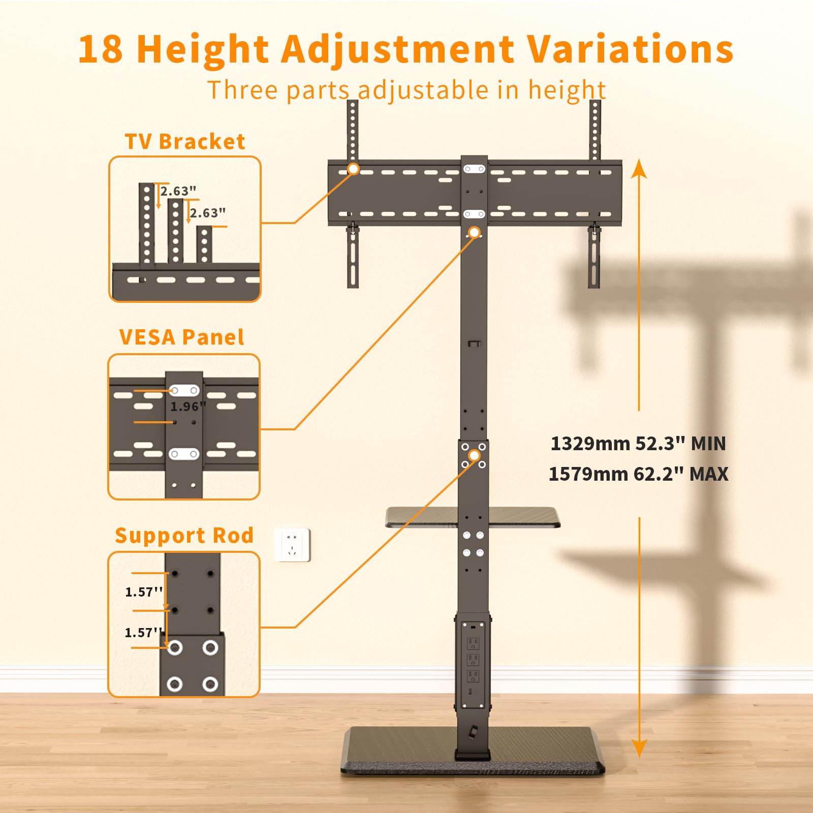 Universal TV Floor Stand for 32-75 Inch TVs up to 110 lbs - Adjustable Height & Swivel Base with Power Outlet & Removable Shelf - Sturdy TV Mount Stand for Living Room, Bedroom, Office (TCP01-2-M-A01)