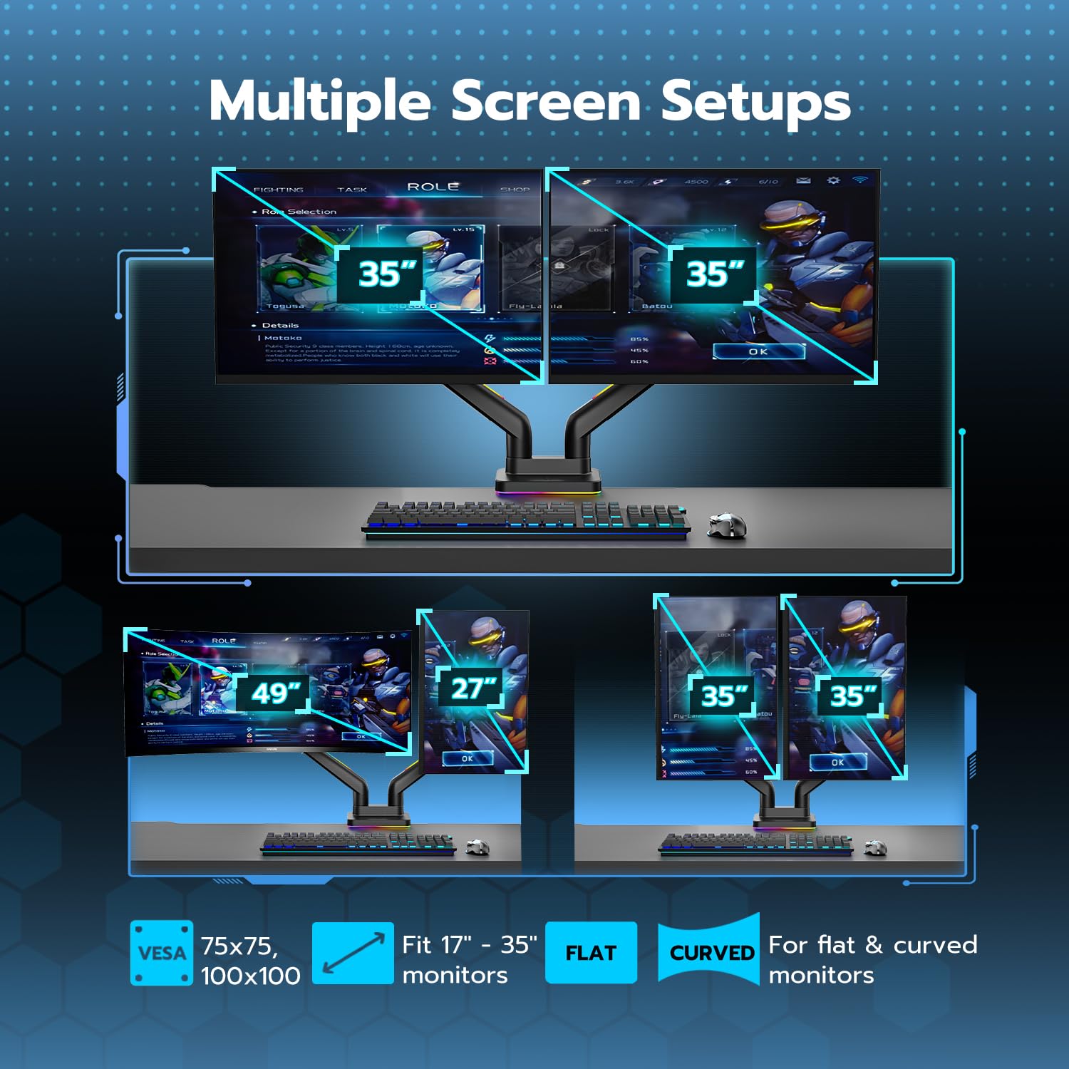 ARES WING Dual Monitor Arm Stand for 17-35 Inch Screens - Heavy Duty Adjustable Gas Spring RGB Monitor Mount with Clamp/Grommet Base, 75/100mm VESA Compatible - Perfect for Gaming Setup, Home Office & Workstation (Black)