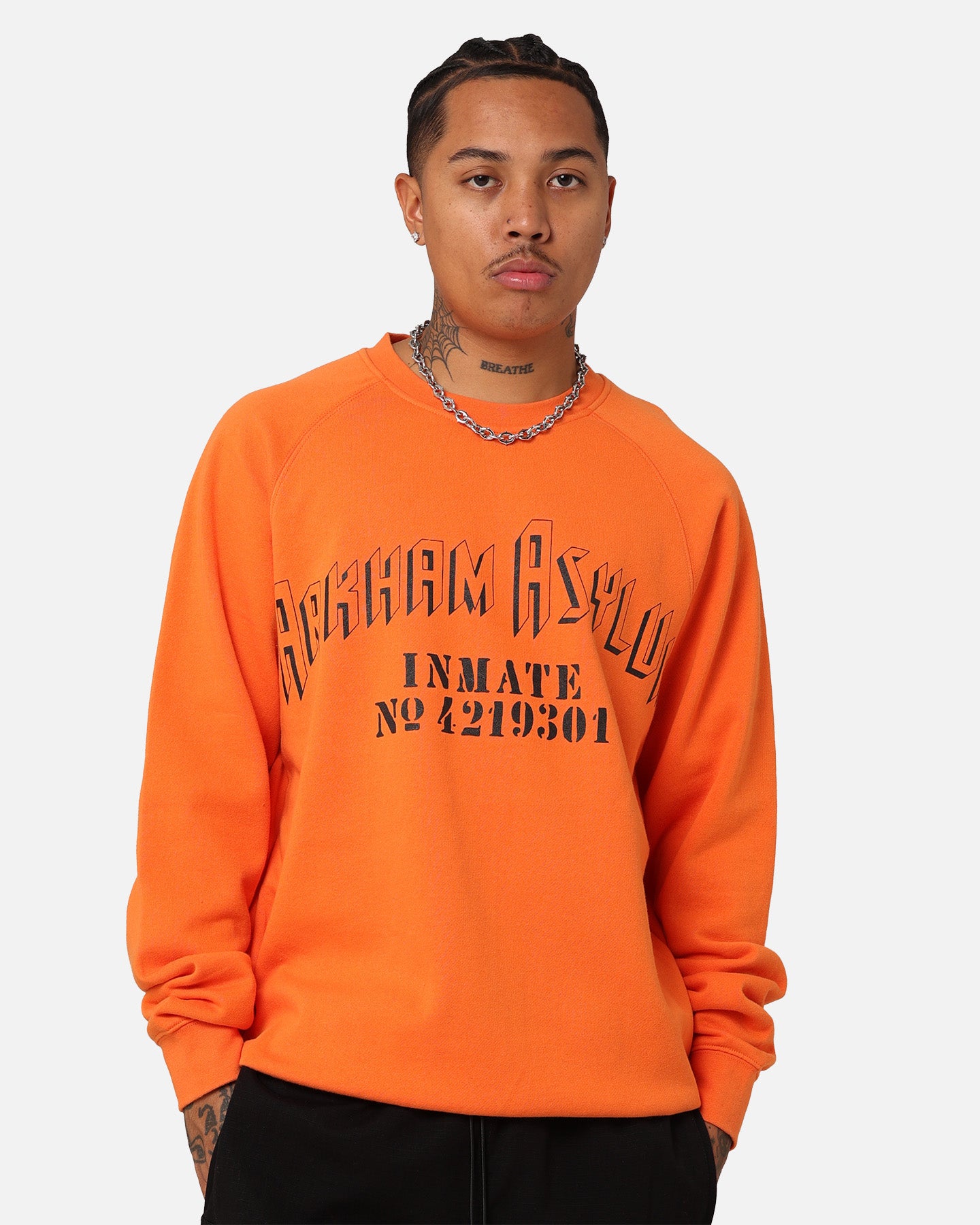 American Thrift X DC Batman Arkham Asylum Neon Orange Crewneck Sweatshirt - Perfect for Cosplay, Comic Con & Batman Fan Gifts